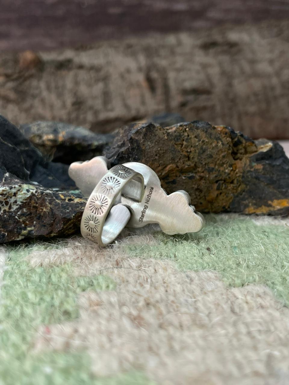 Handmade Sterling Silver White Buffalo with Cotton Candy Adjustable Ring "Signed Nizhoni"