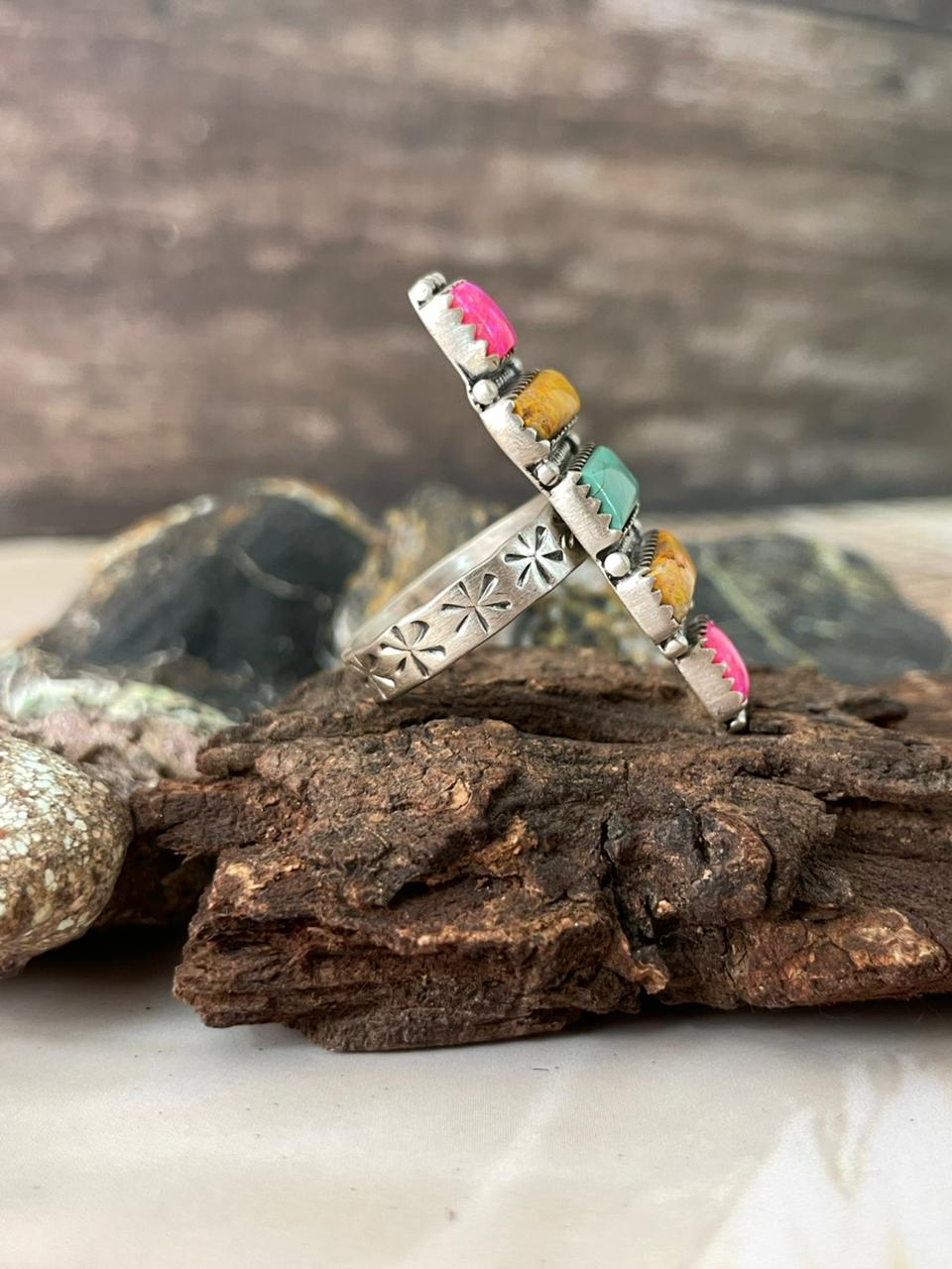 Handmade Sterling Silver Spring Collection: Hot Pink with Bumblebee and Kingman Adjustable Ring "Signed Nizhoni"