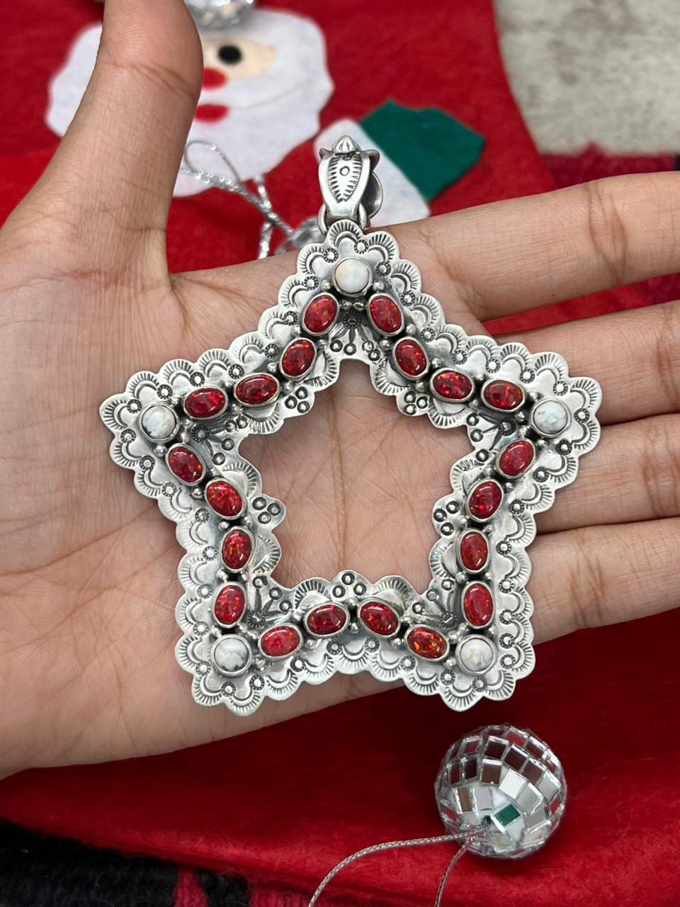 "Christmas Collection" Handmade Sterling Silver Red Opal with White Buffalo Pendant " Signed Nizhoni"