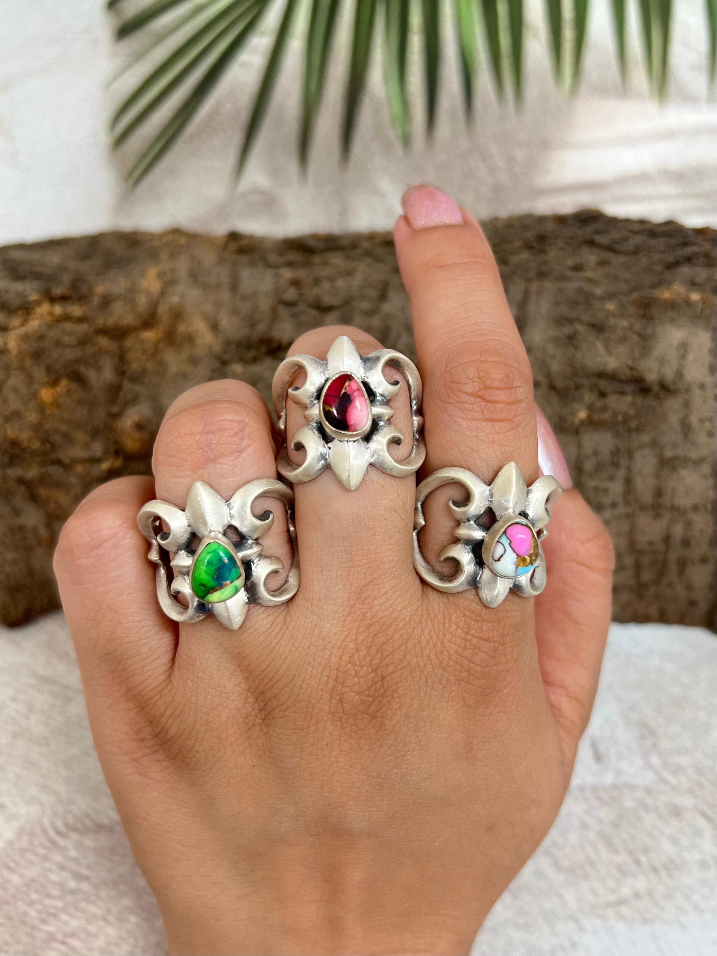 Handmade Sterling Silver Multi Stone Adjustable Ring, Signed Nizhoni (2)