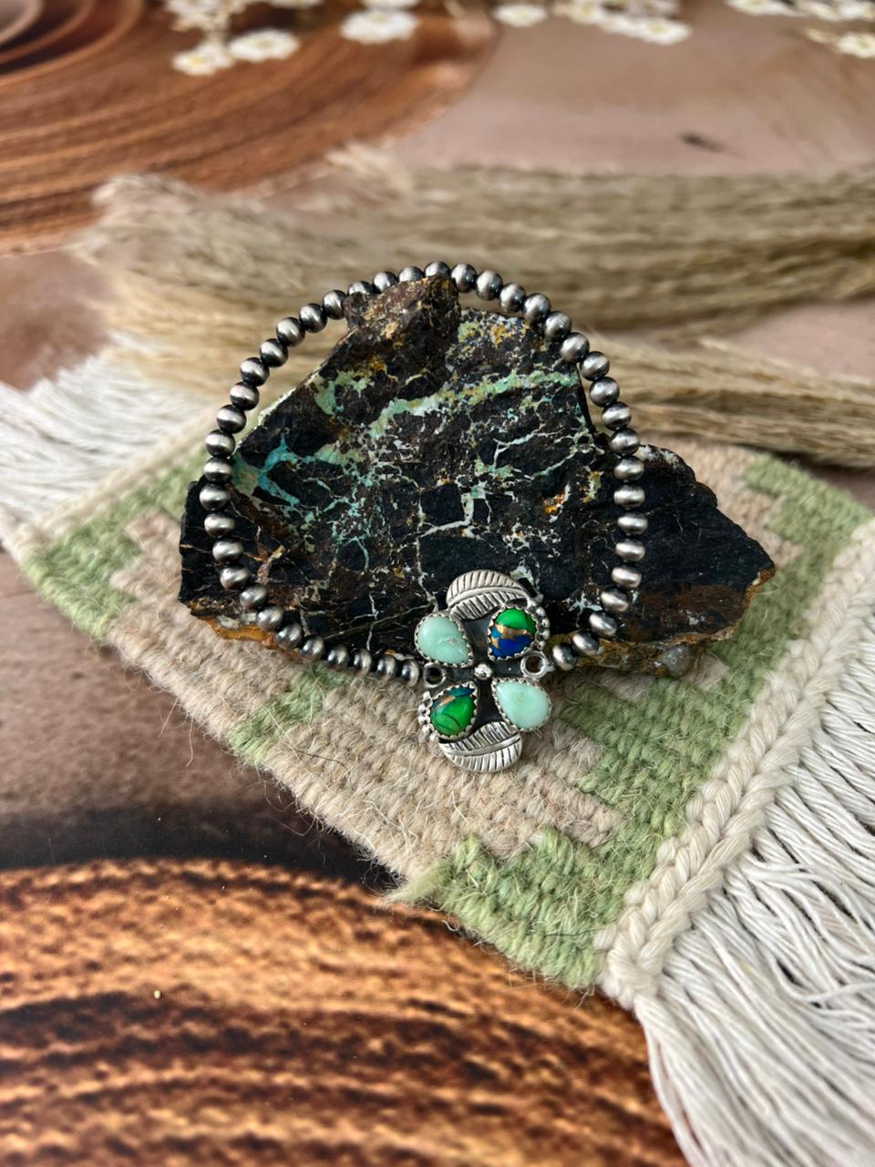 Handmade Sterling Silver Paloma with Peacock Dahlia Beaded Stretch Bracelet "Signed Nizhoni"
