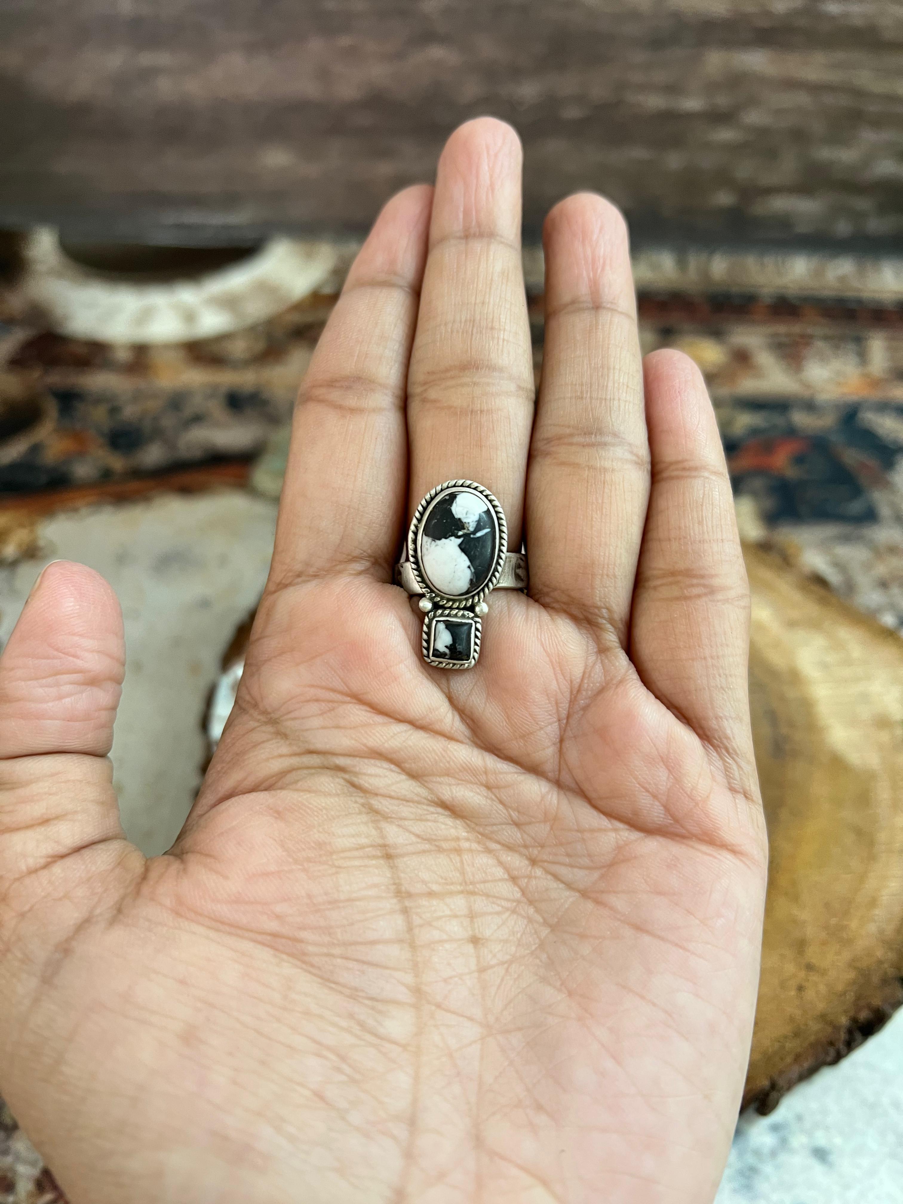 Handmade Sterling Silver White Buffalo Adjustable Ring, Signed Nizhoni