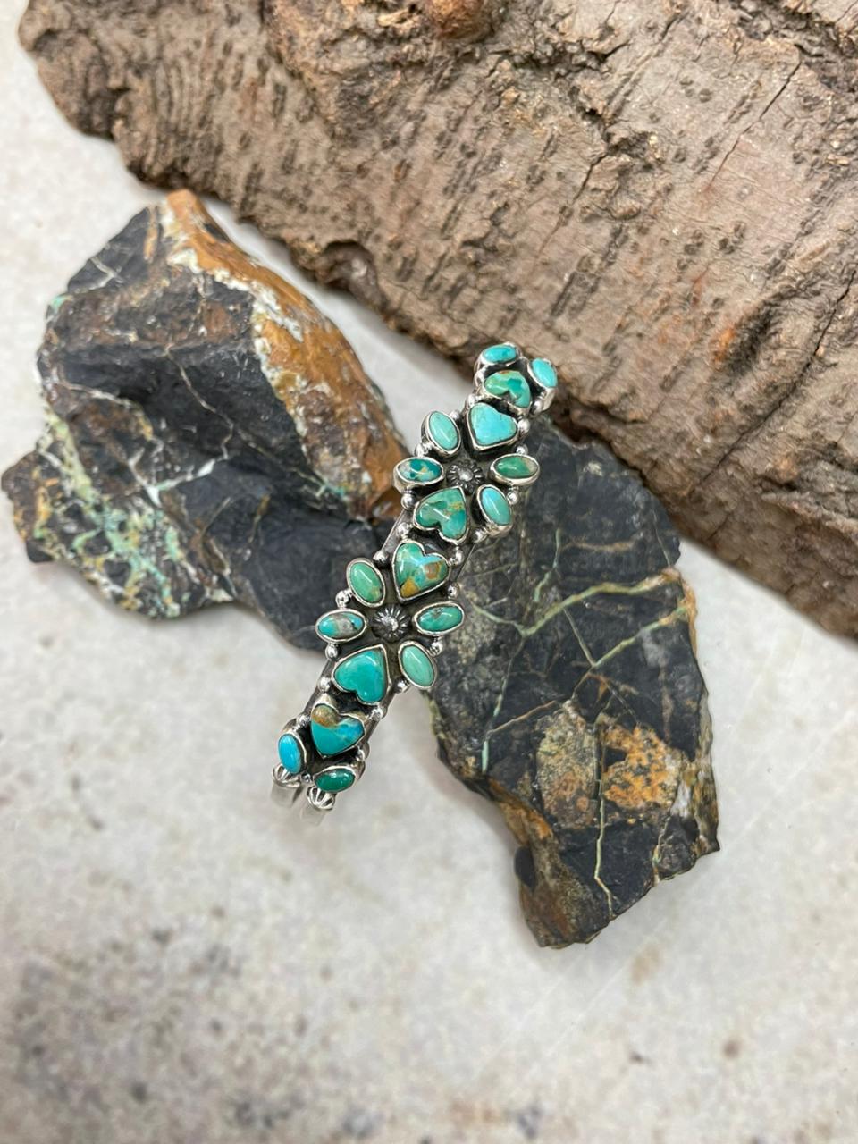 "Heart Collection" Handmade Sterling Silver Kingman Turquoise Bracelet "Signed Nizhoni"