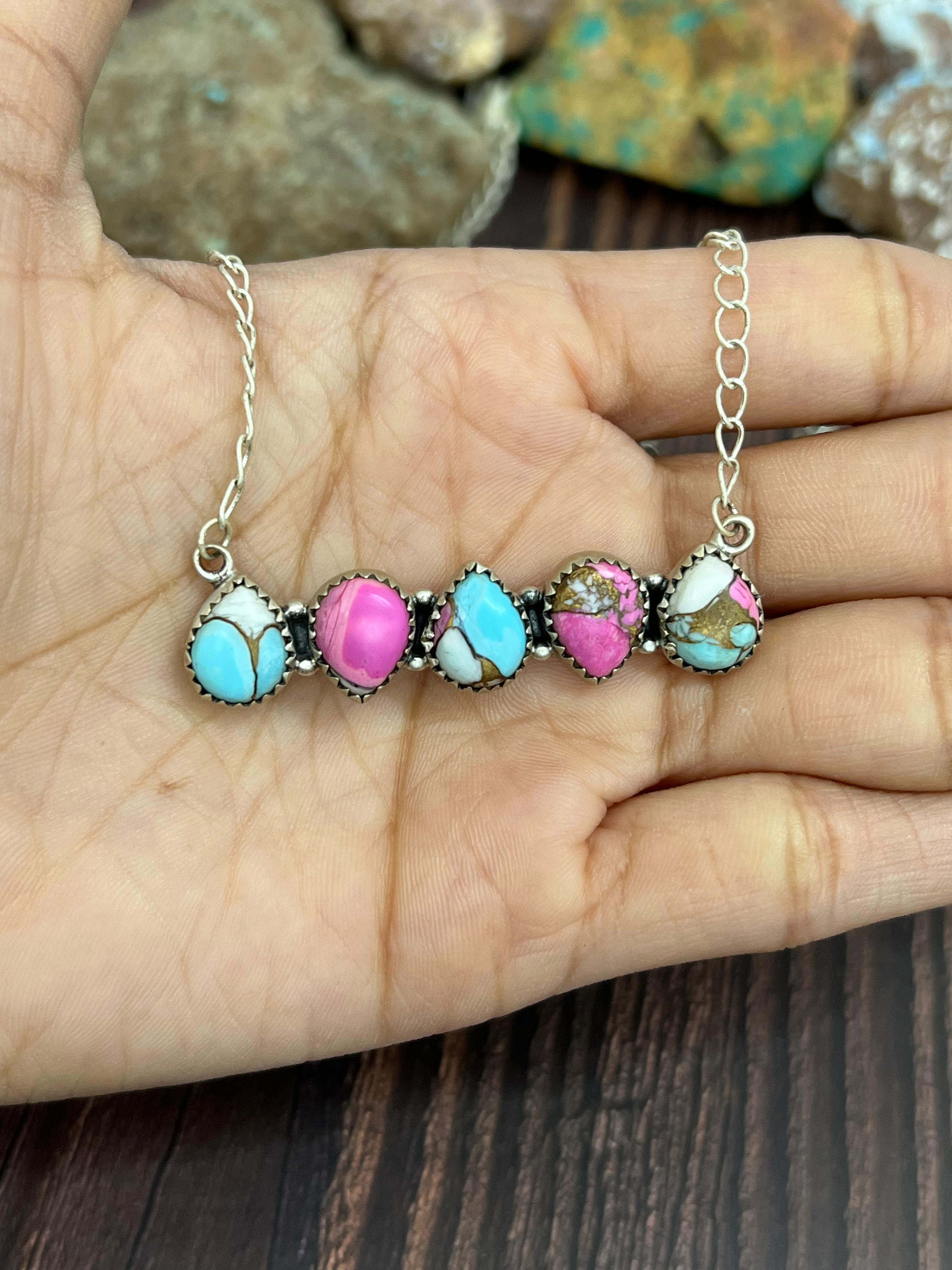 Handmade Sterling Silver Cotton Candy Turquoise Necklace with Signed Nizhoni