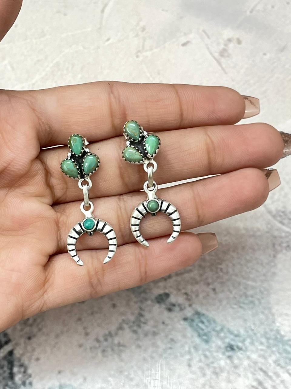 Handmade Sterling Silver Kingman Turquoise Post Dangle Earrings "Signed Nizhoni"