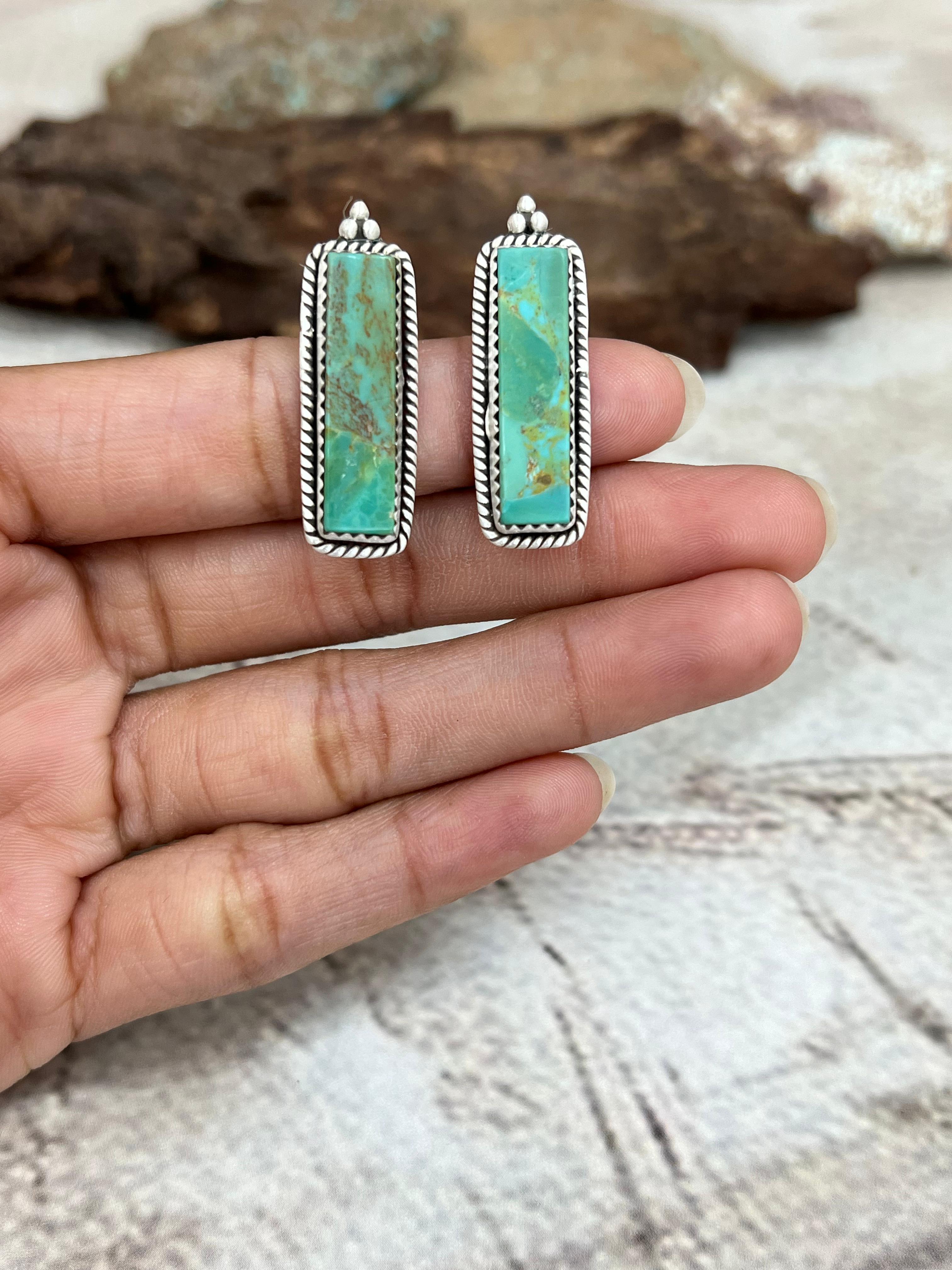 Handmade Sterling Silver Kingman Turquoise Post Studs with Signed Nizhoni