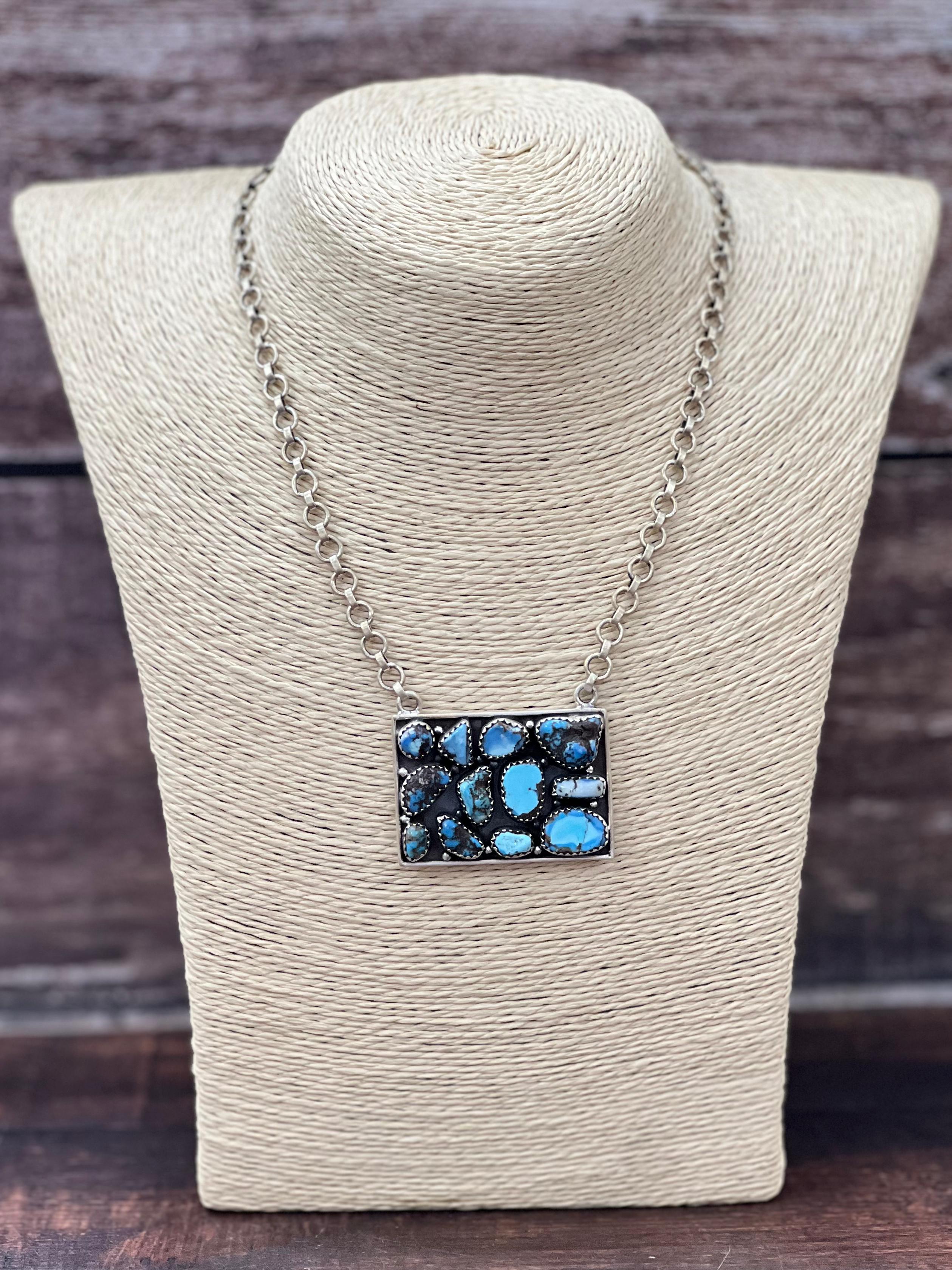 Handmade Sterling Silver Golden Hills Turquoise Necklace with Signed Nizhoni