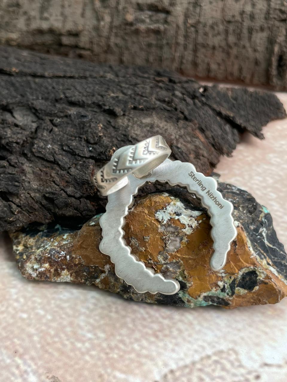 Handmade Sterling Silver Kingman Turquoise Adjustable Ring "Signed Nizhoni"