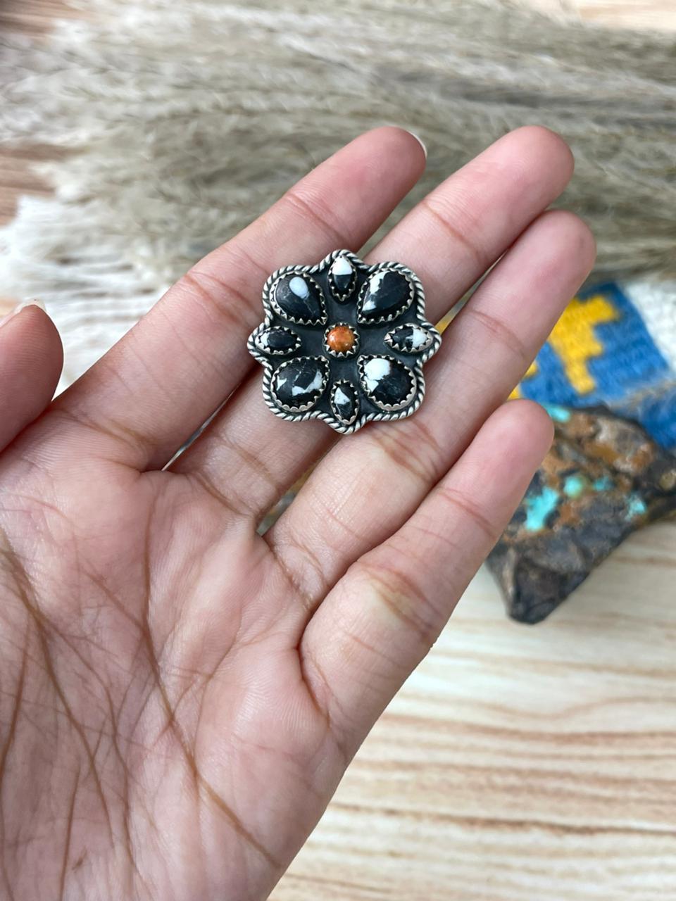 Handmade Sterling Silver White Buffalo with Orange Mojave Adjustable Ring "Signed Nizhoni"
