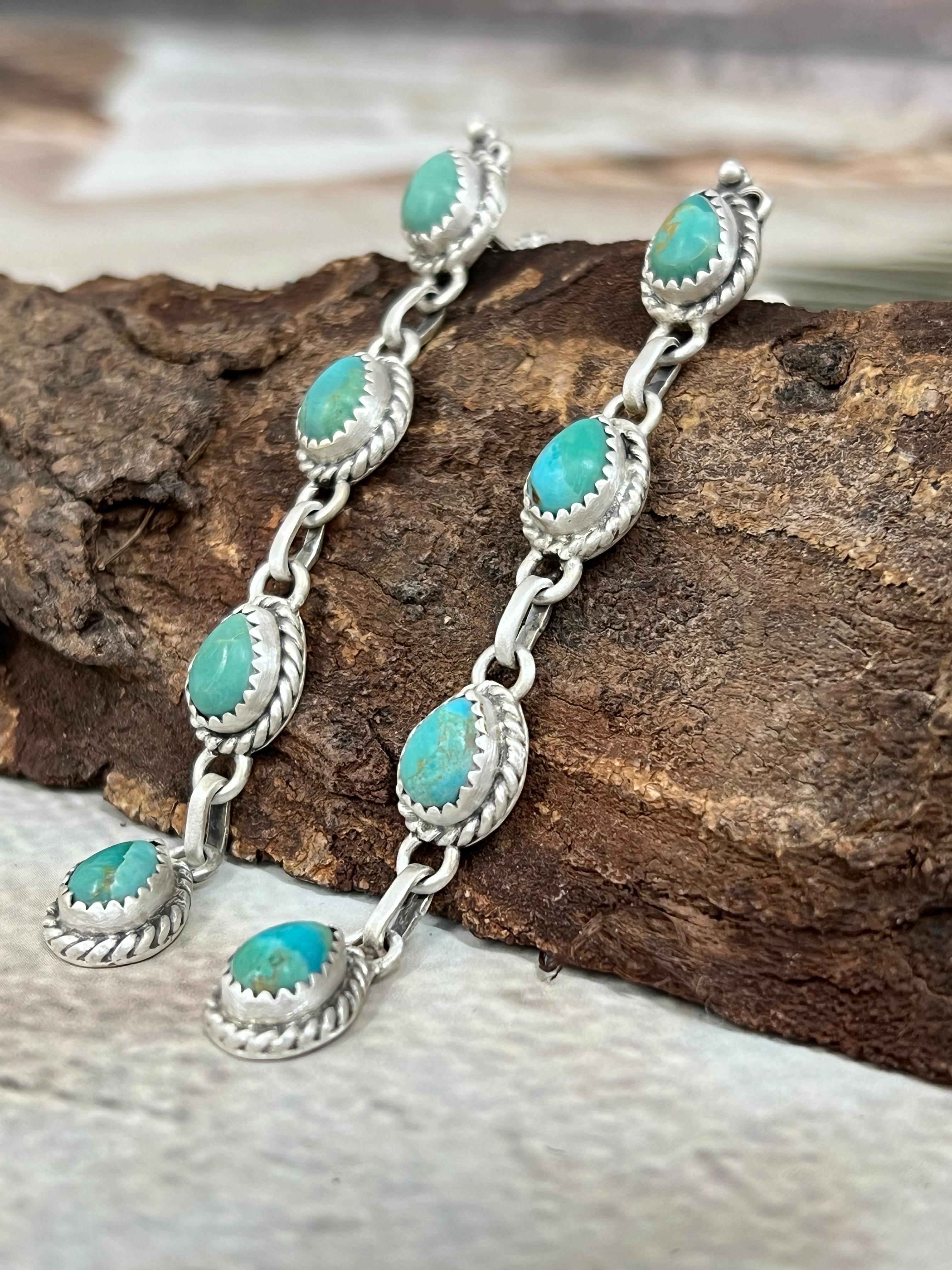 Handmade Sterling Silver Kingman Turquoise Post Dangle Earrings with Signed Nizhoni
