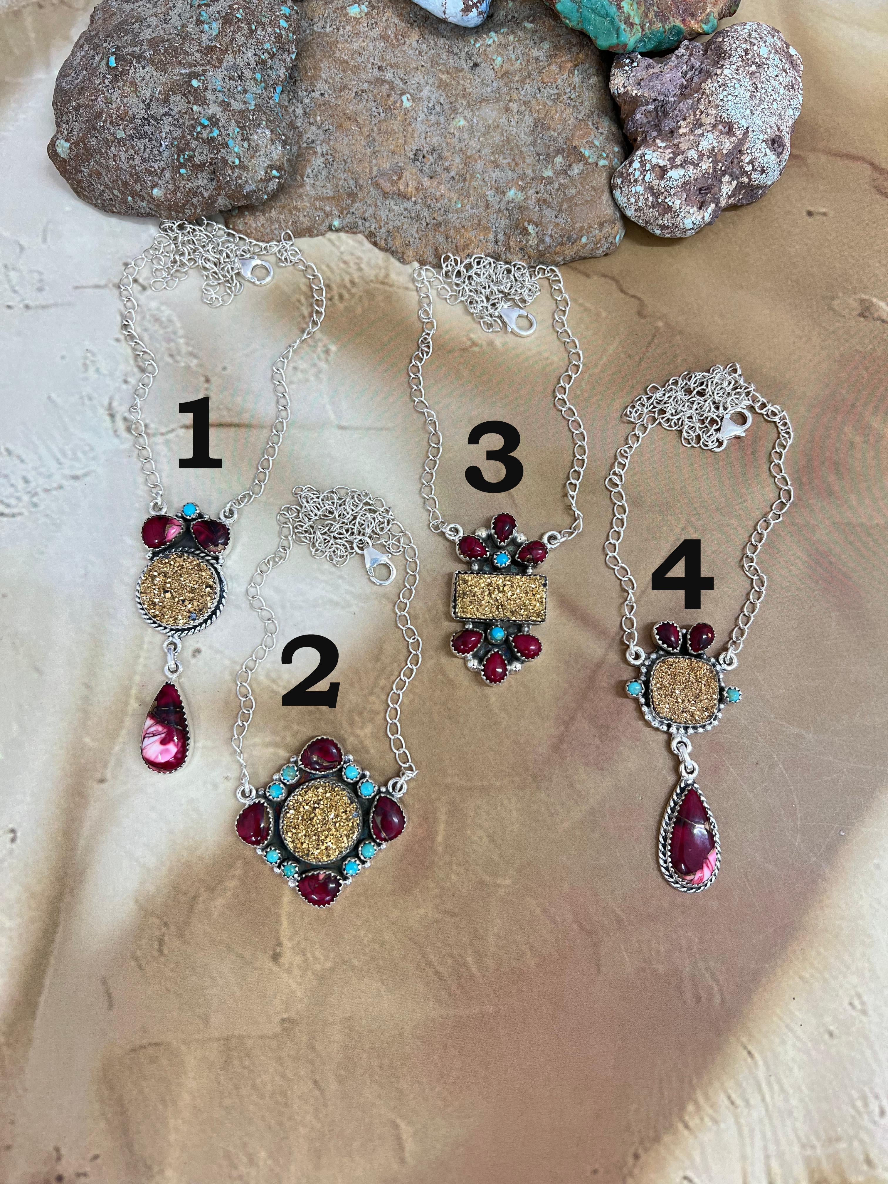 Handmade Sterling Silver Dahlia Rose with Druzy & Kingman Necklace, Signed Nizhoni