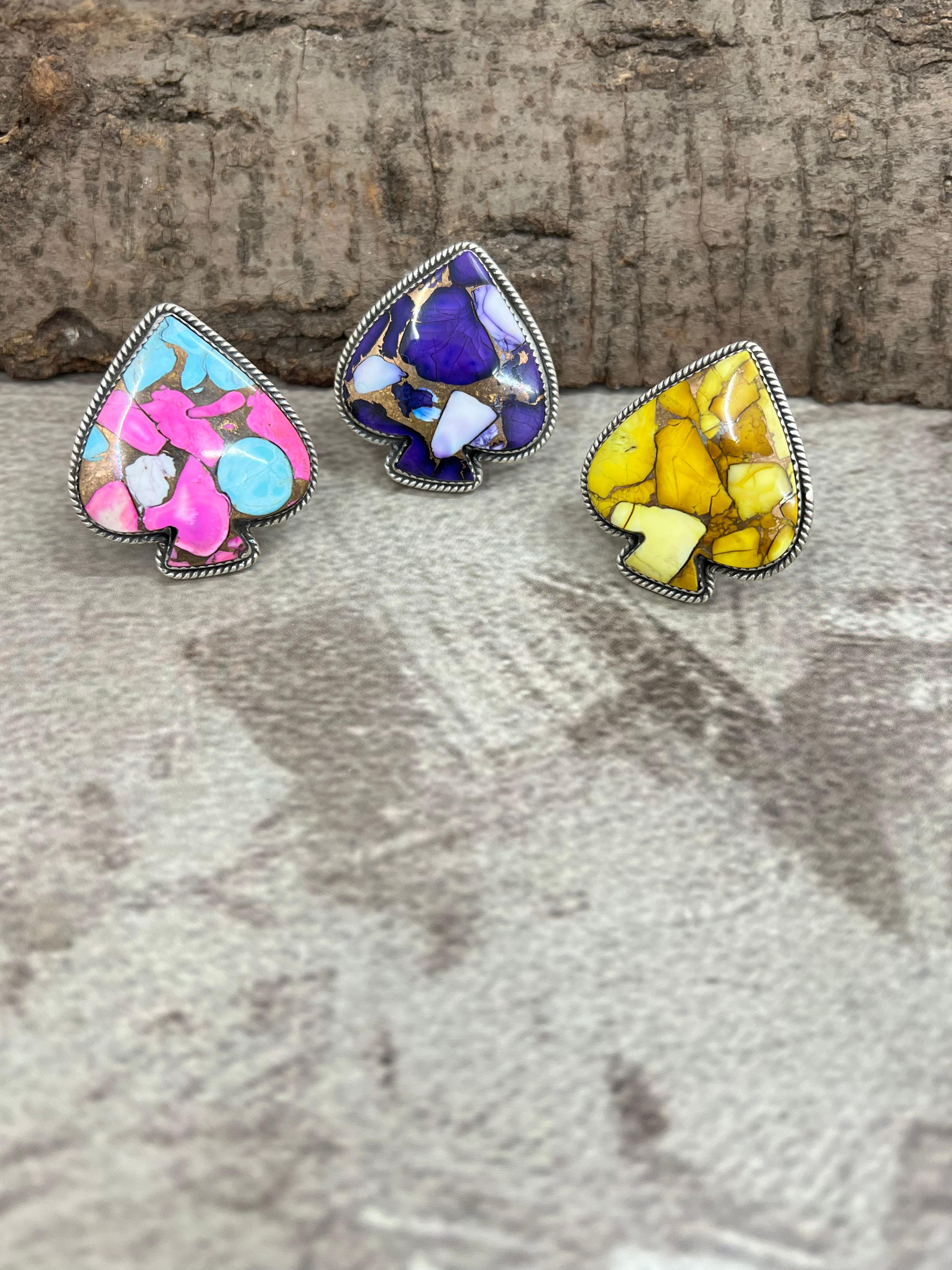 Handmade Sterling Silver Multi Stone Spade Adjustable Ring with Signed Nizhoni