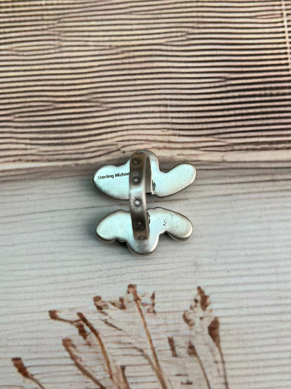 Handmade Sterling Silver Blackjack Turquoise Adjustable Ring "Signed Nizhoni"