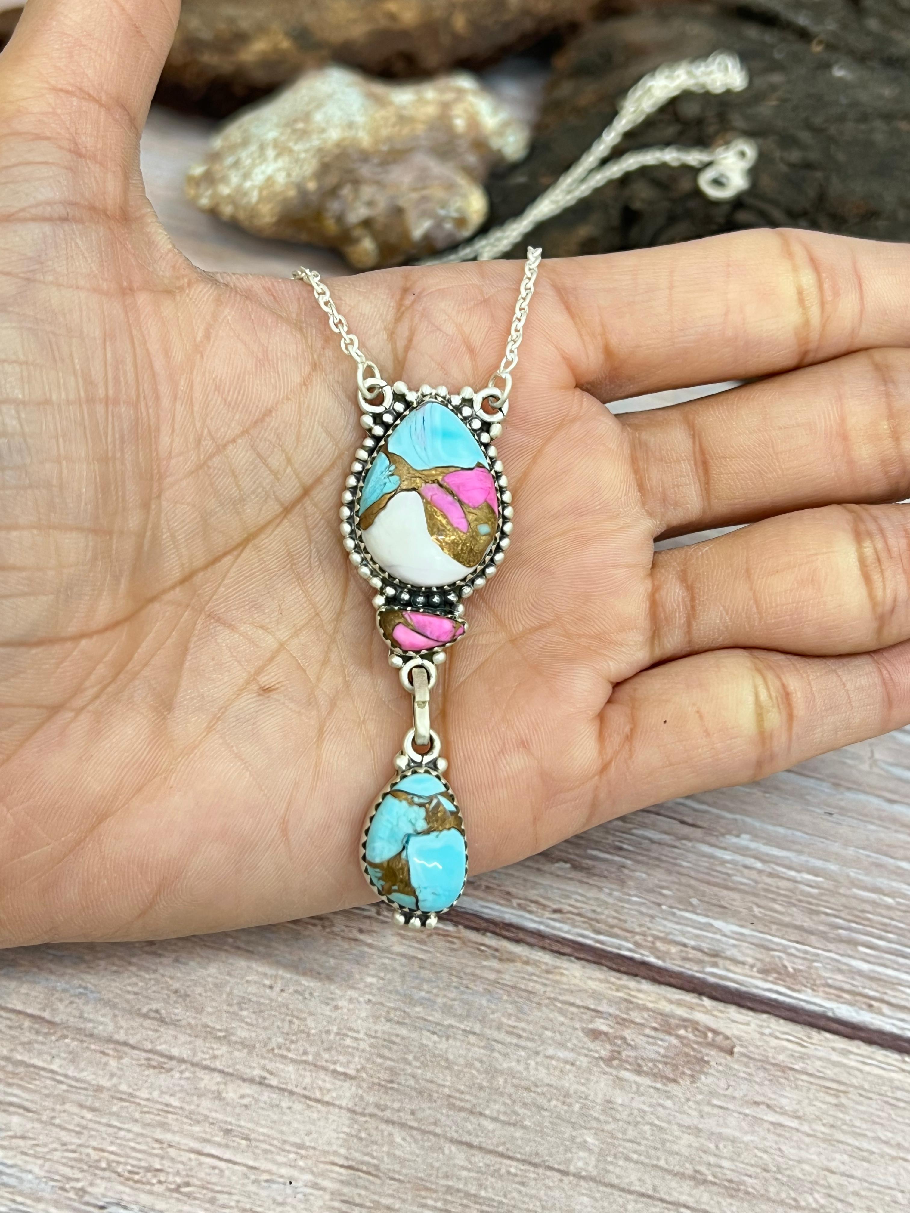 Handmade Sterling Silver Cotton Candy Turquoise Necklace with Signed Nizhoni