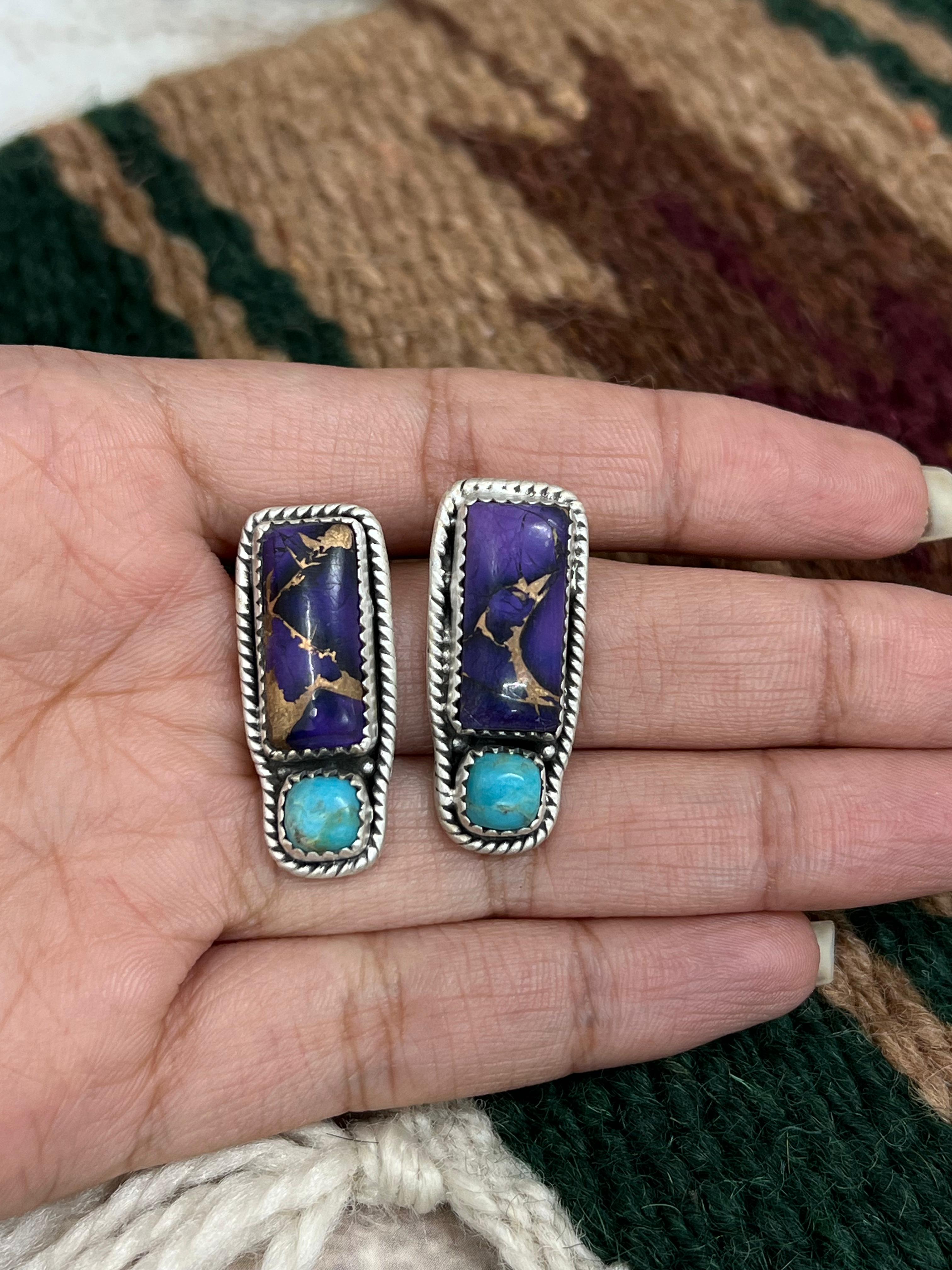 Handmade Sterling Silver Grape Dahlia with Kingman Post Studs with Signed Nizhoni