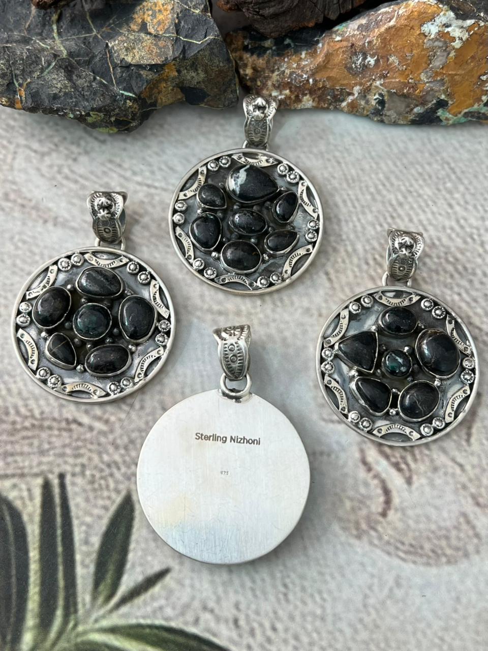 Handmade Sterling Silver Blackjack Turquoise Pendant "Signed Nizhoni"