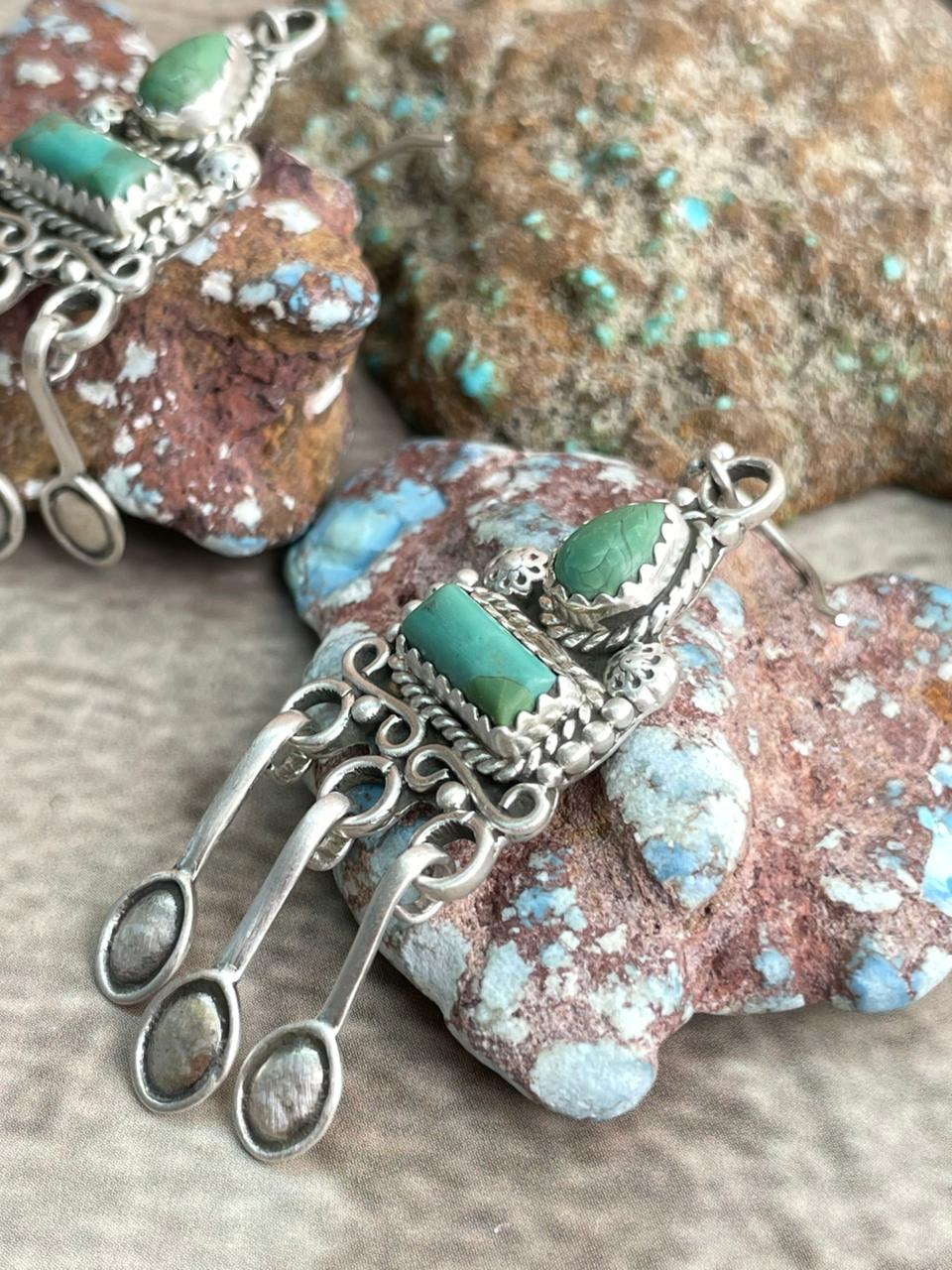 Handmade Sterling Silver Kingman Turquoise Hook Dangle Earrings with Signed Nizhoni