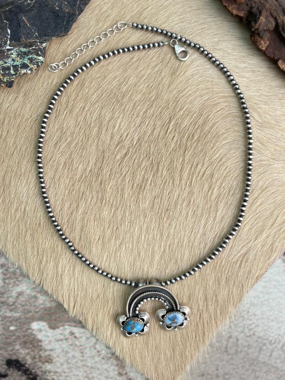 Handmade Sterling Silver Golden Hills Turquoise Beaded Necklace "Signed Nizhoni"