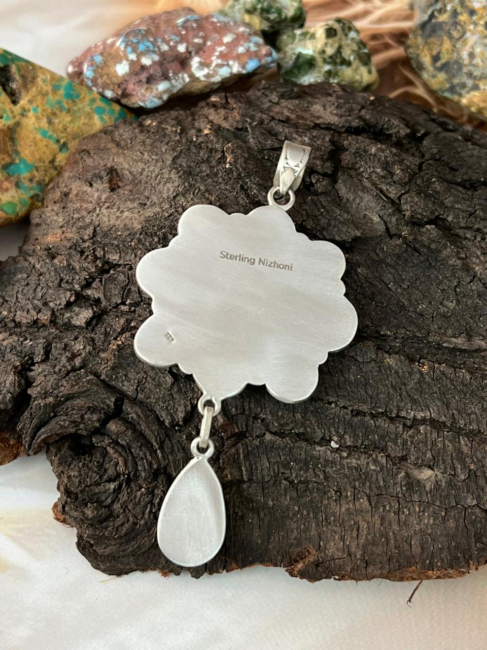 Handmade Sterling Silver Santa Maria Turquoise with Palomino Turquoise Pendant "Signed Nizhoni"