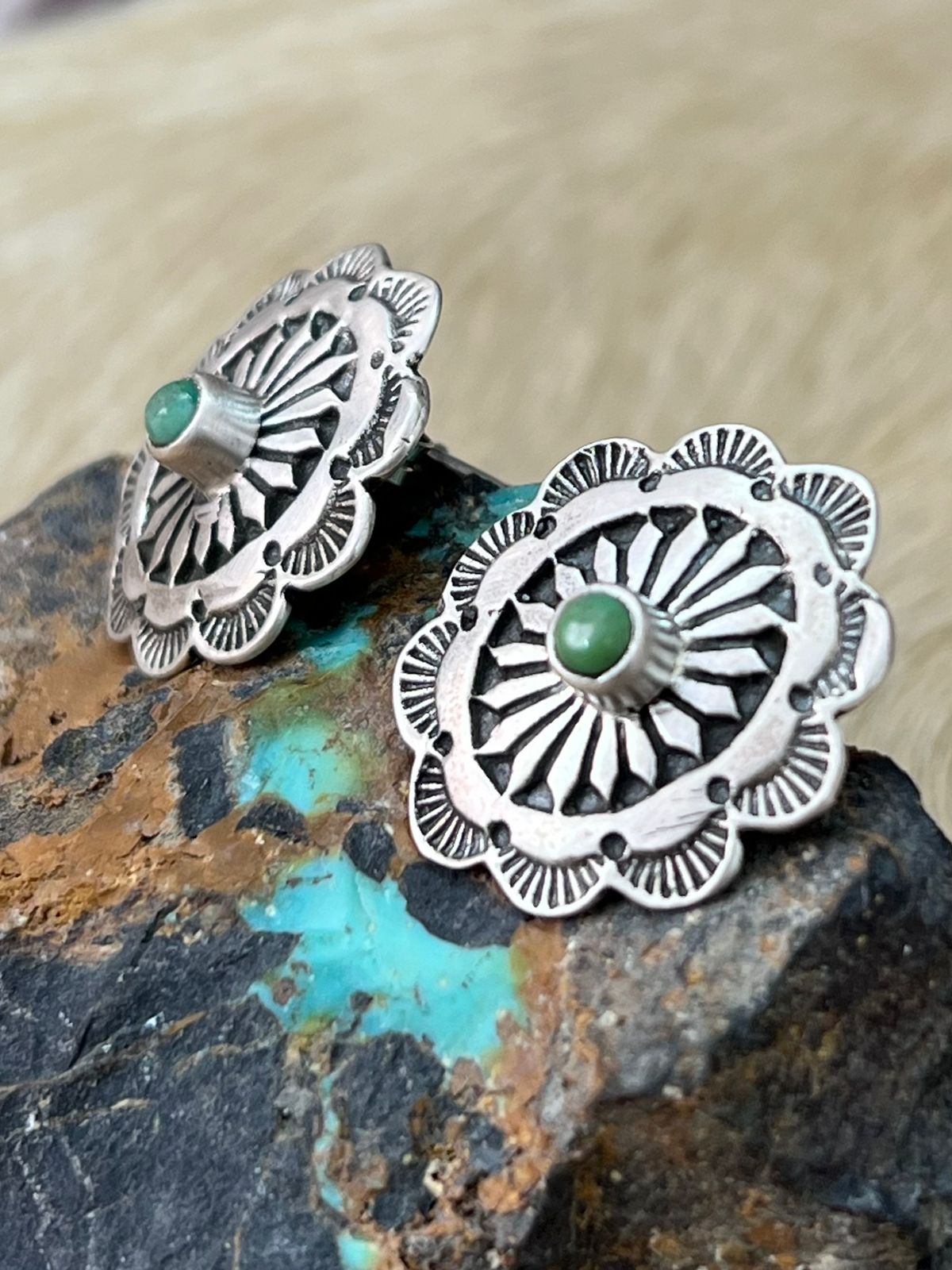Handmade Sterling Silver Kingman Turquoise Post Studs Earrings "Signed Nizhoni"