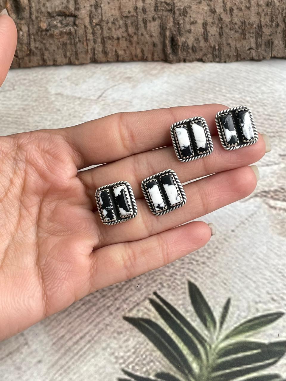 Handmade Sterling Silver White Buffalo Post Studs Earrings "Signed Nizhoni"