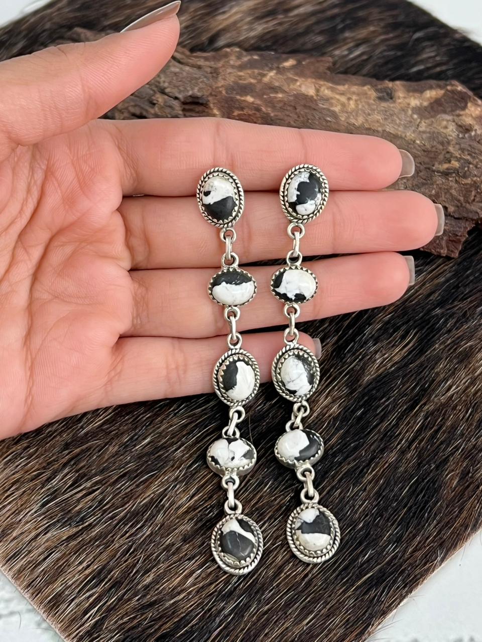 Handmade Sterling Silver White Buffalo Post Dangle Earrings "Signed Nizhoni"
