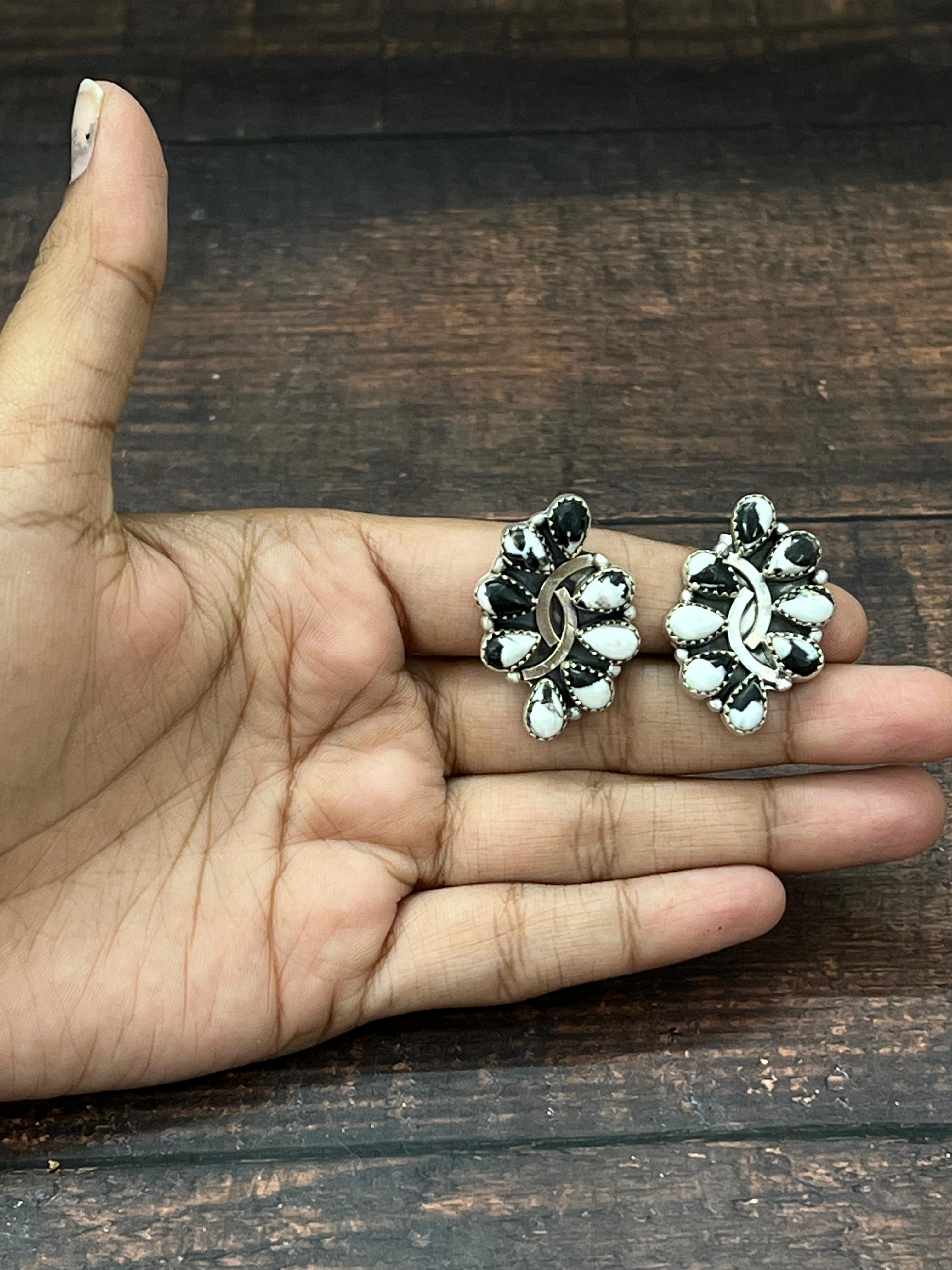 Handmade Sterling Silver White Buffalo Post Studs with Signed Nizhoni