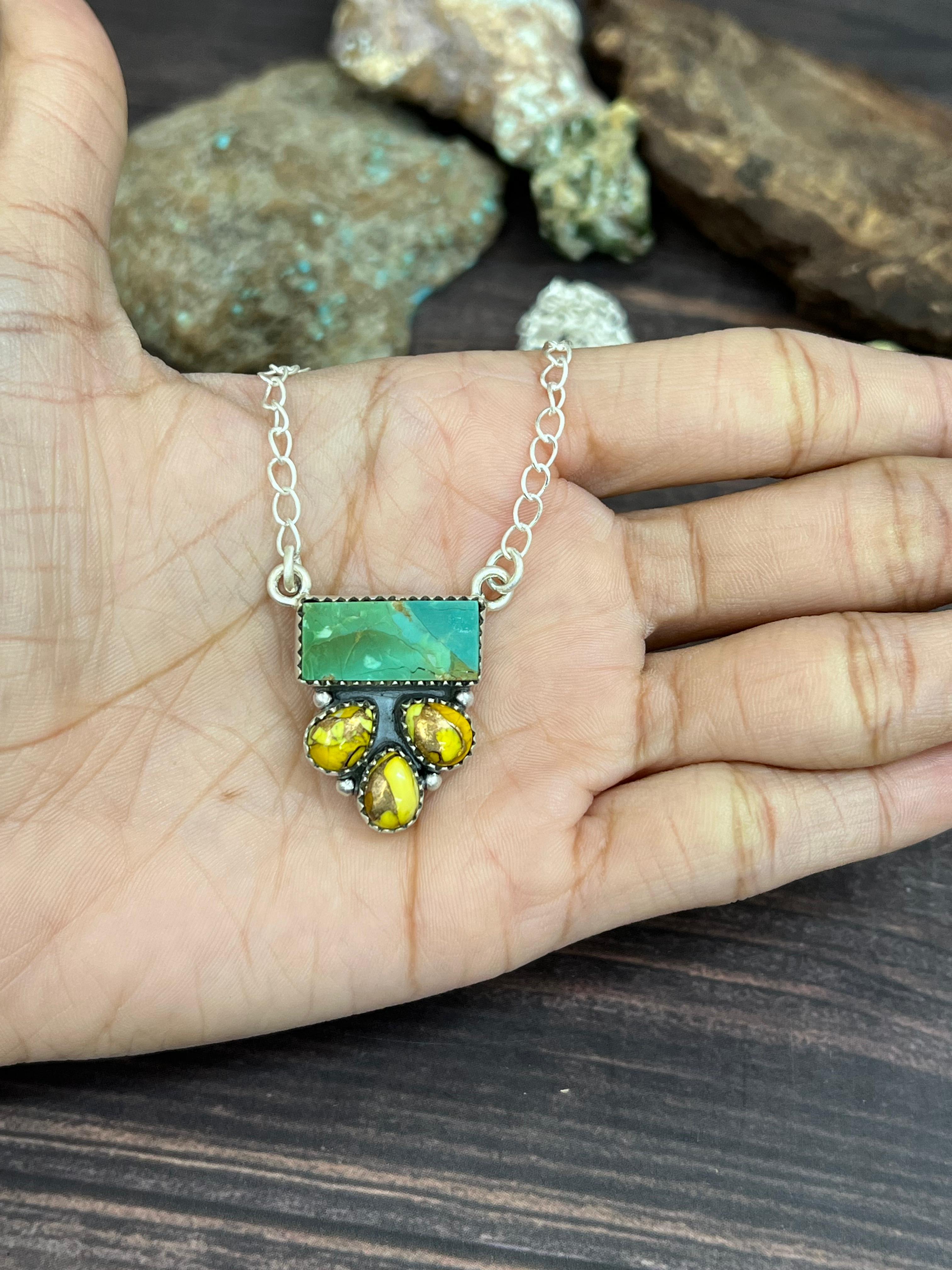 Handmade Sterling Silver Kingman with Honey Dahlia Necklace with Signed Nizhoni