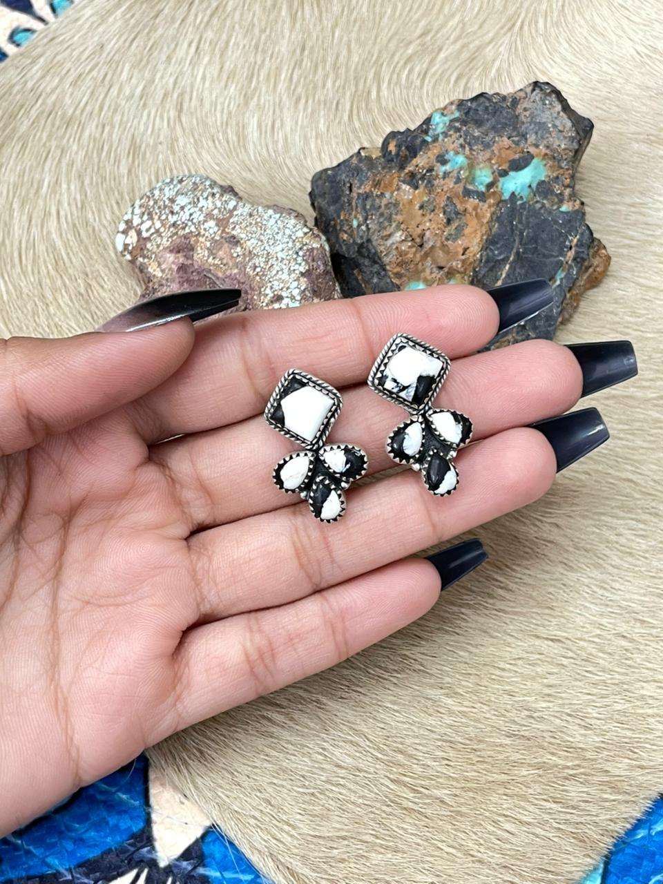 Handmade Sterling Silver White Buffalo Post Studs Earrings "Signed Nizhoni"