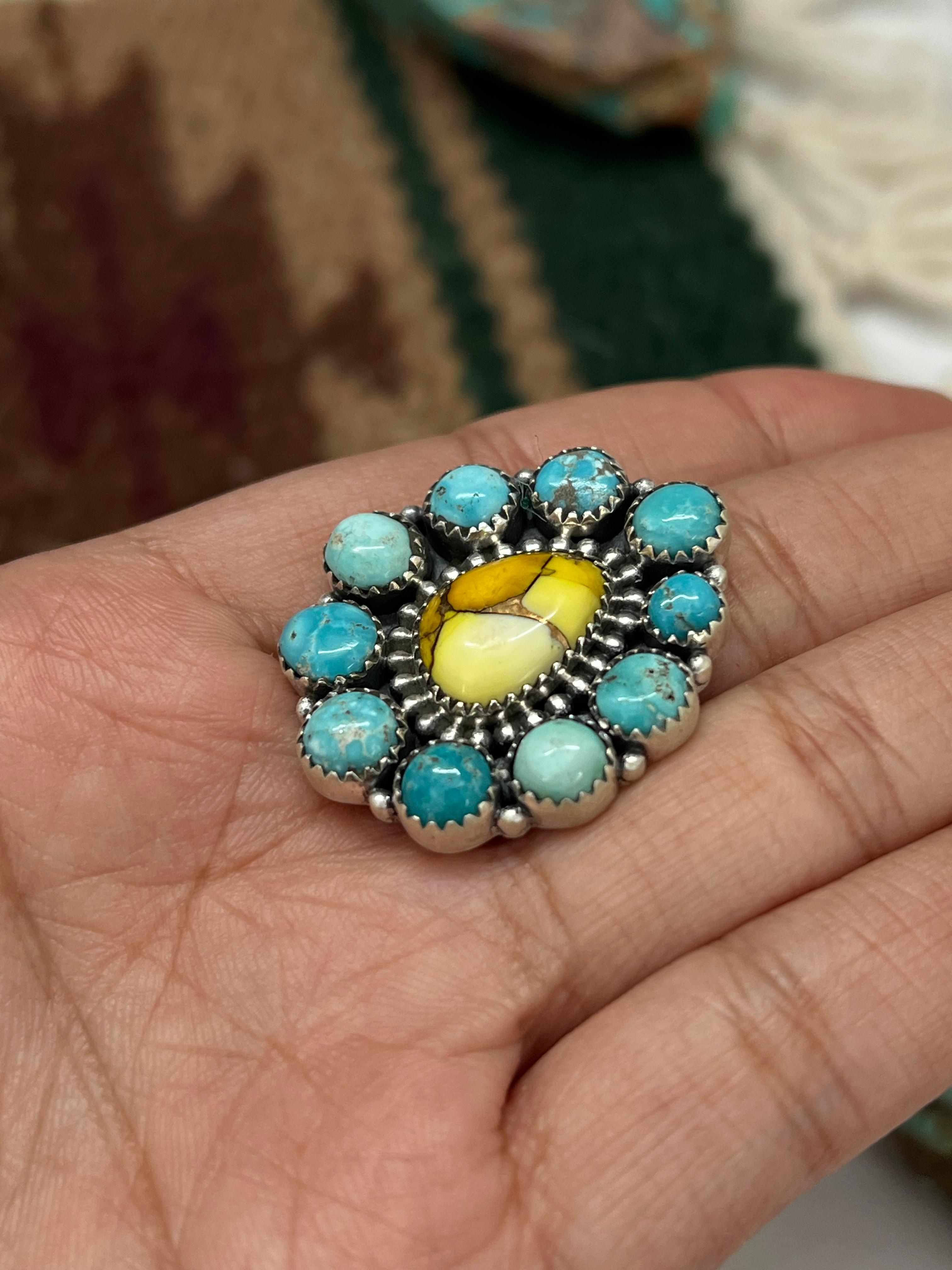 Handmade Sterling Silver White Water with Honey Dahlia Adjustable Ring with Signed Nizhoni