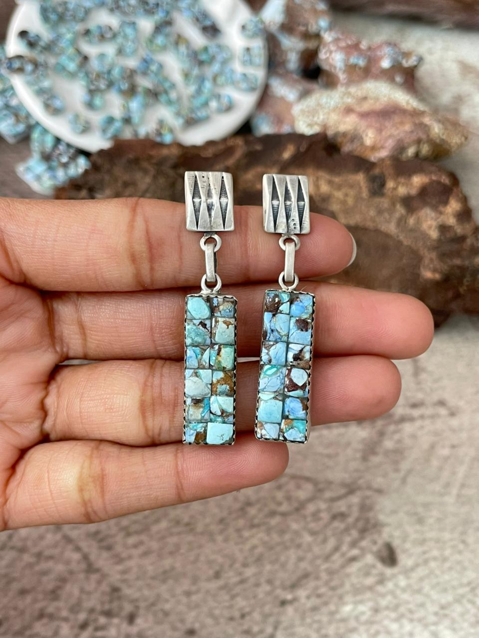Handmade Sterling Silver Golden Hills Cobble Collection Post Dangle Earrings "Signed Nizhoni"