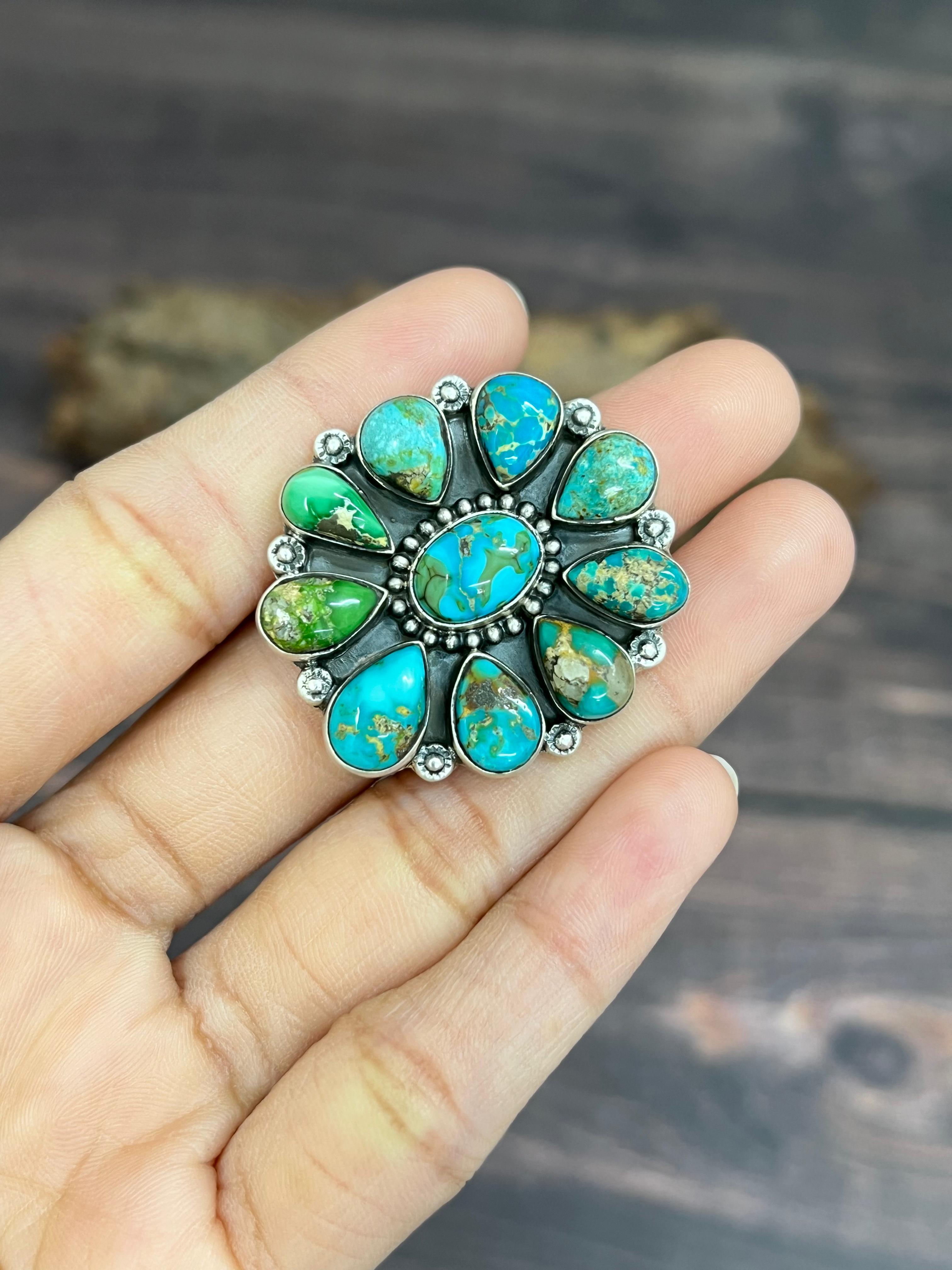 Handmade Sterling Silver South Hill Turquoise Adjustable Ring with Signed Nizhoni