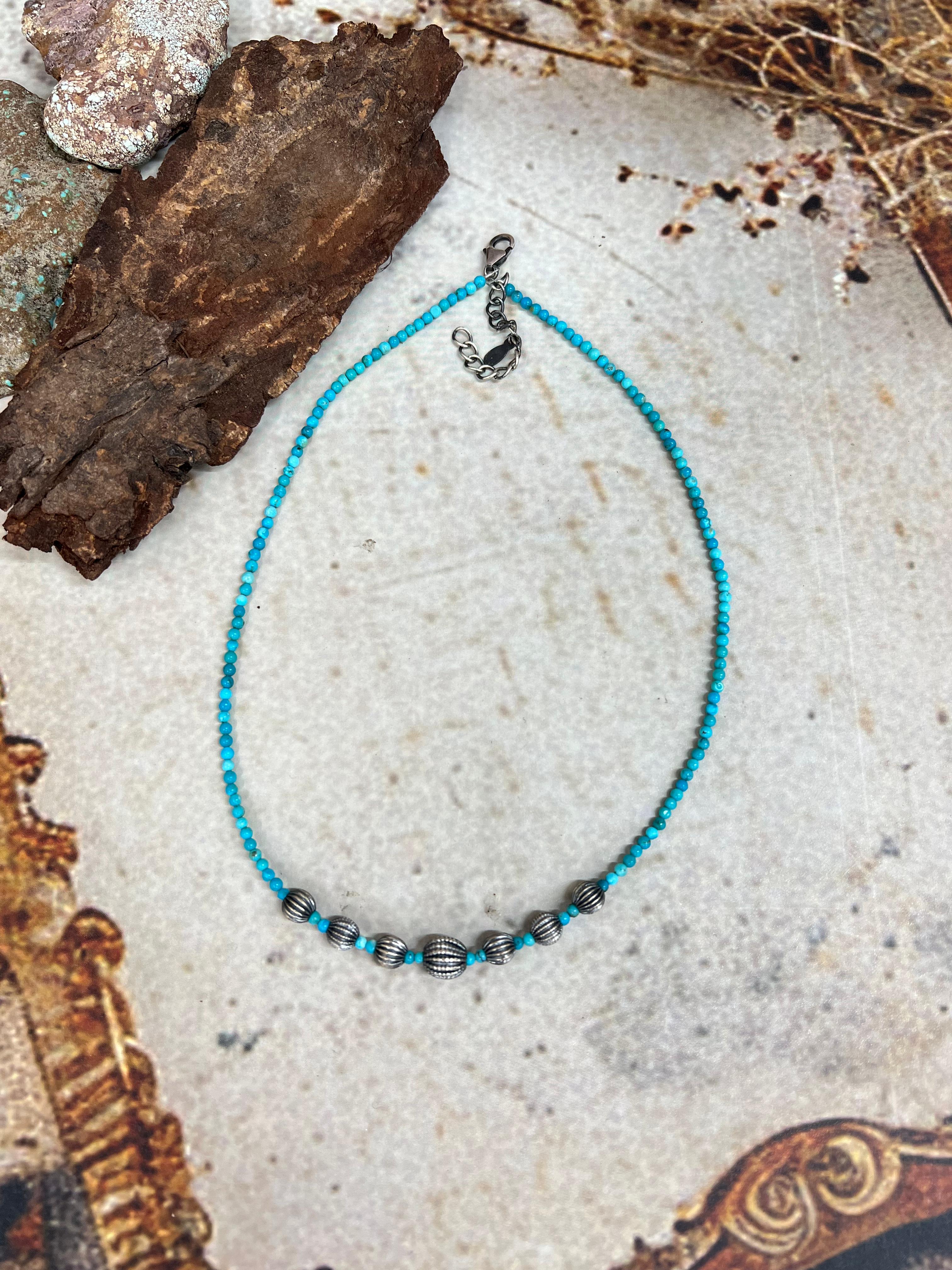 Handmade Sterling Silver Kingman Turquoise Beaded Choker Necklace Signed Nizhoni