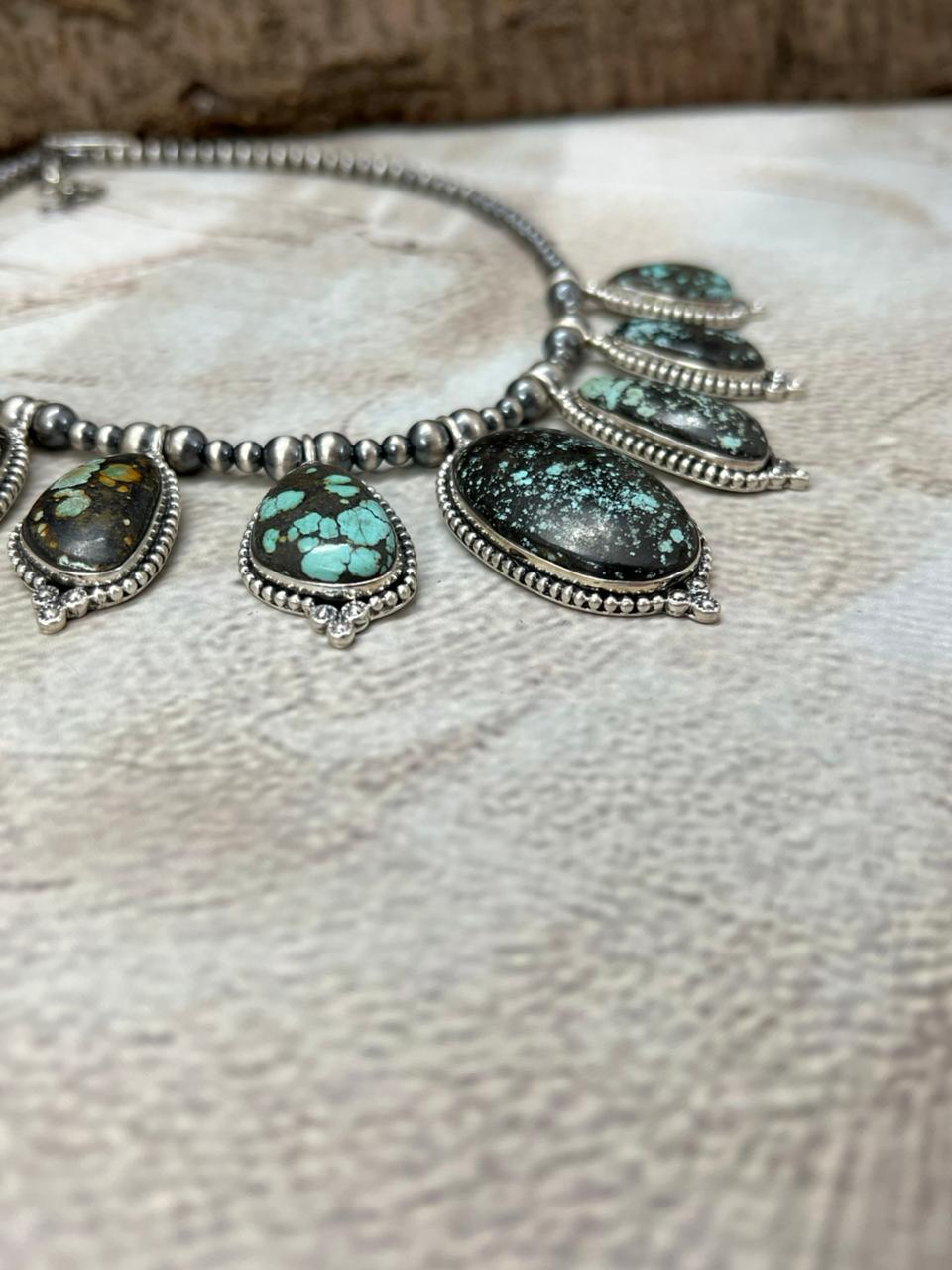 Handmade Sterling Silver Lander Turquoise Beaded Necklace with Signed Nizhoni