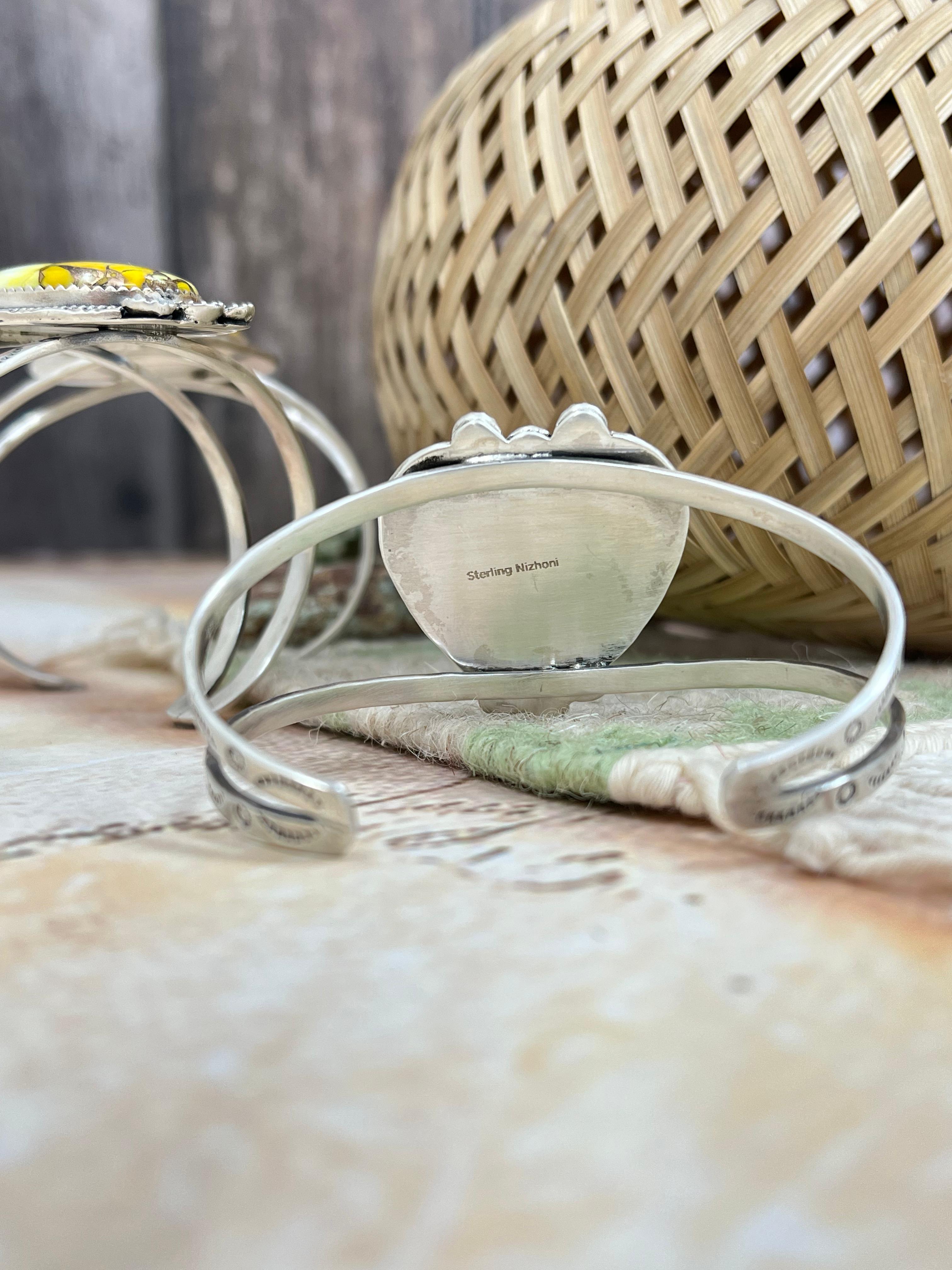 Handmade Sterling Silver Honey Dahlia Cuff Bracelet with Signed Nizhoni