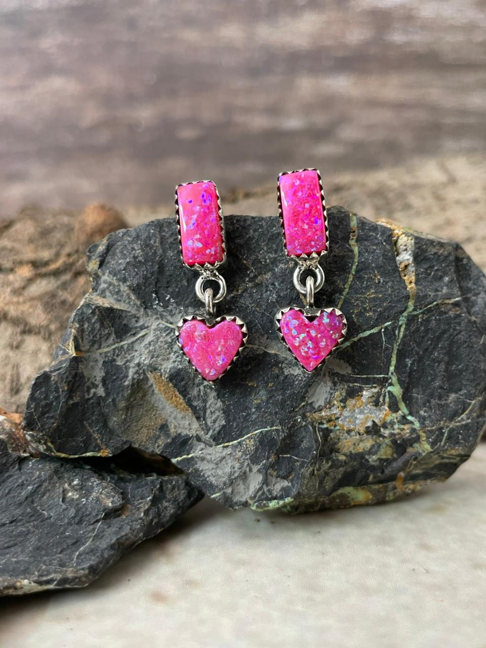 "Heart Collection" Handmade Sterling Silver Hot Pink Post Dangle Earrings "Signed Nizhoni"