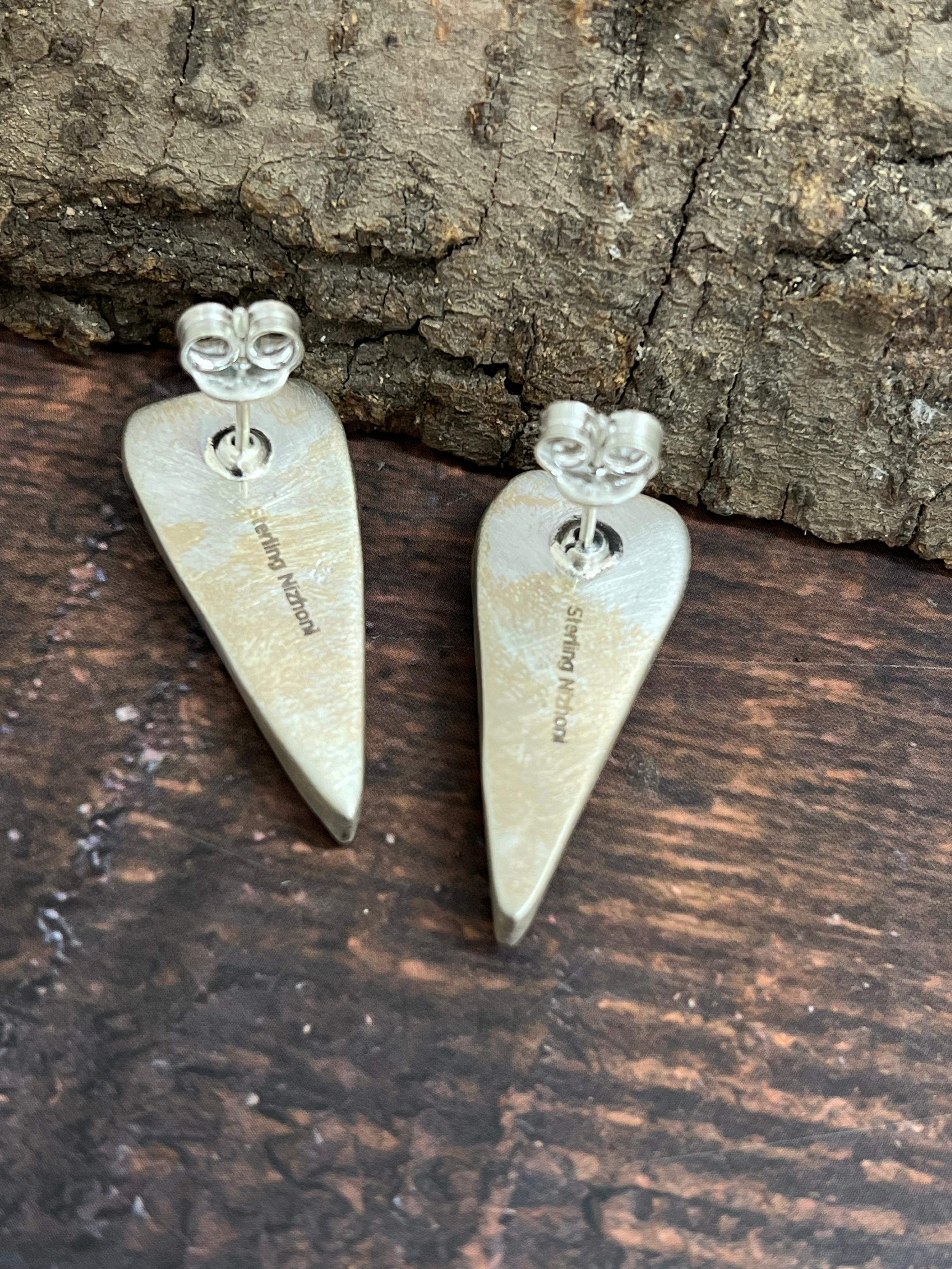 Handmade Sterling Silver Kingman Turquoise Post Earrings with Signed Nizhoni