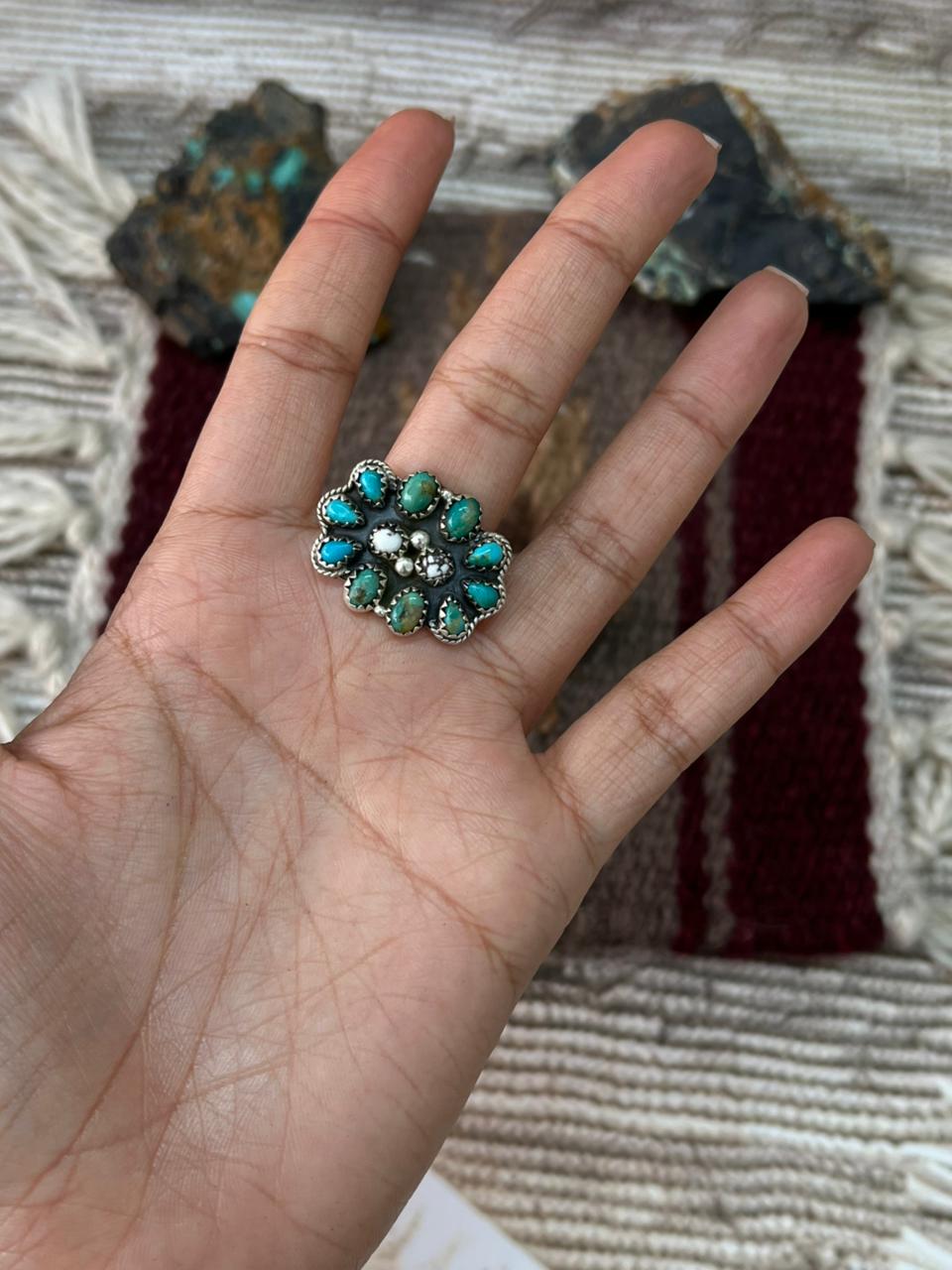 Handmade Sterling Silver Kingman Turquoise with Wildhorse Magnesite Adjustable Ring "Signed Nizhoni"