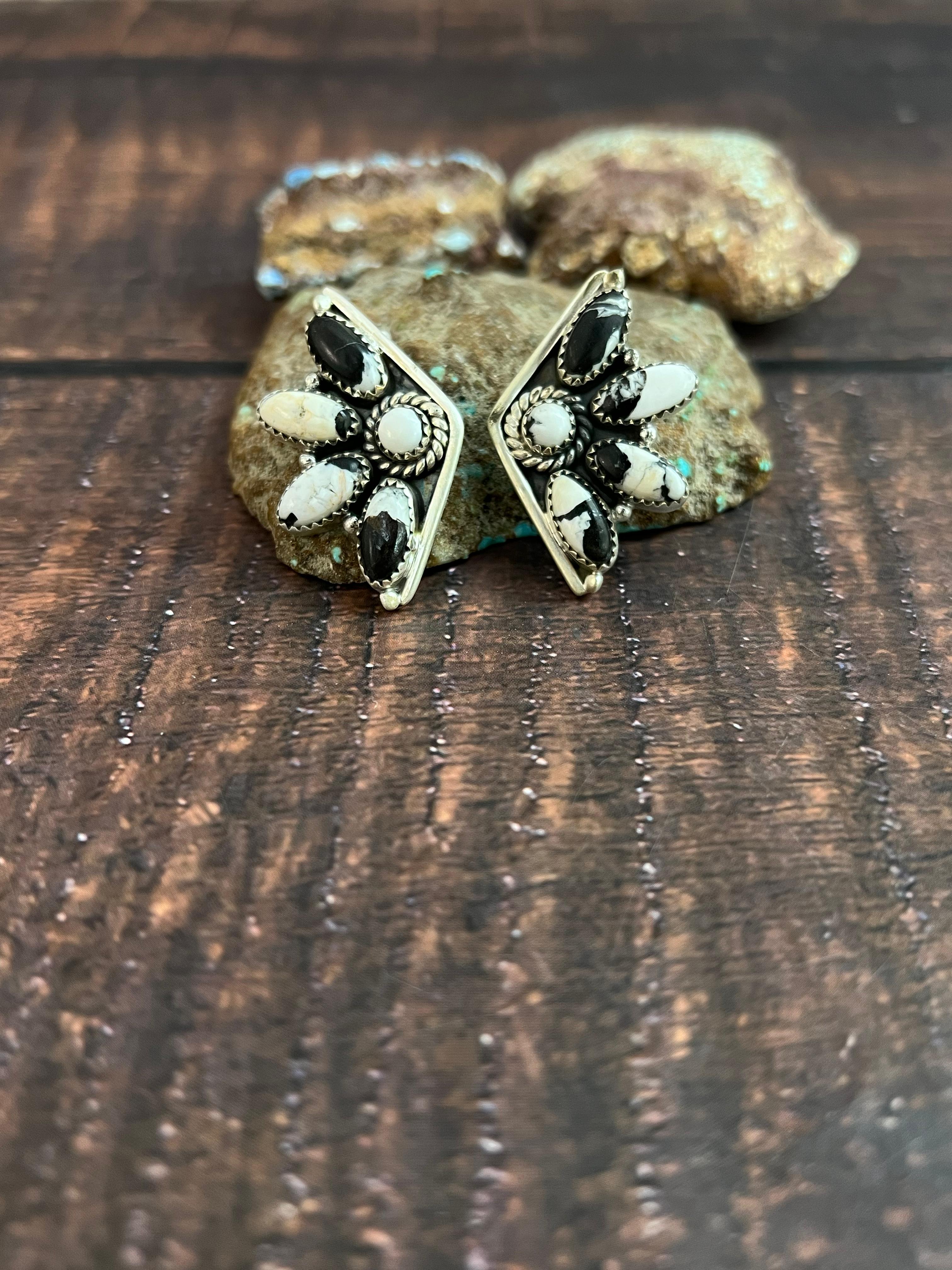 Handmade Sterling Silver White Buffalo Studs with Signed Nizhoni