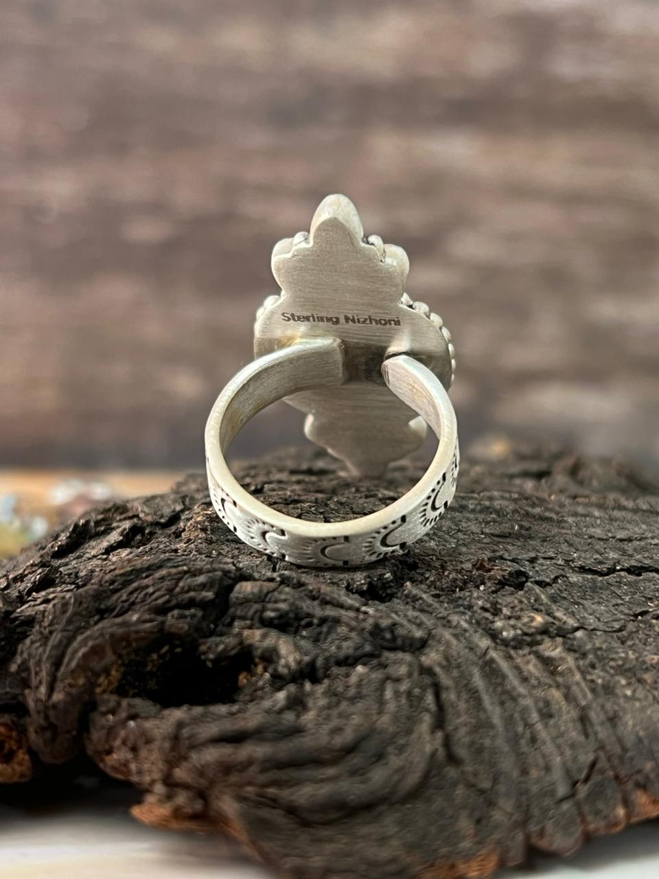 Handmade Sterling Silver Santa Maria with Kingman Turquoise Adjustable Ring "Signed Nizhoni"