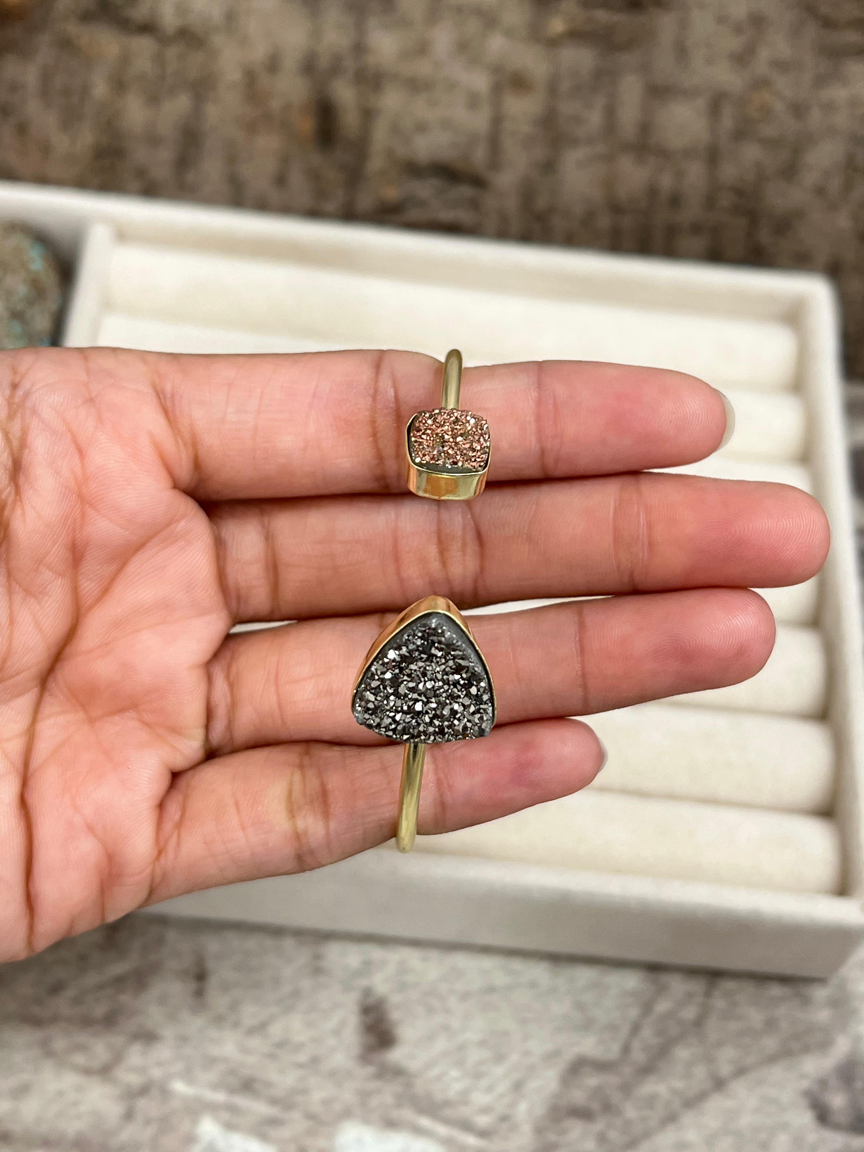 “The Boho Collection” Handmade Natural Gold Plated 2 Stone Druzy Open Cuff Bracelet