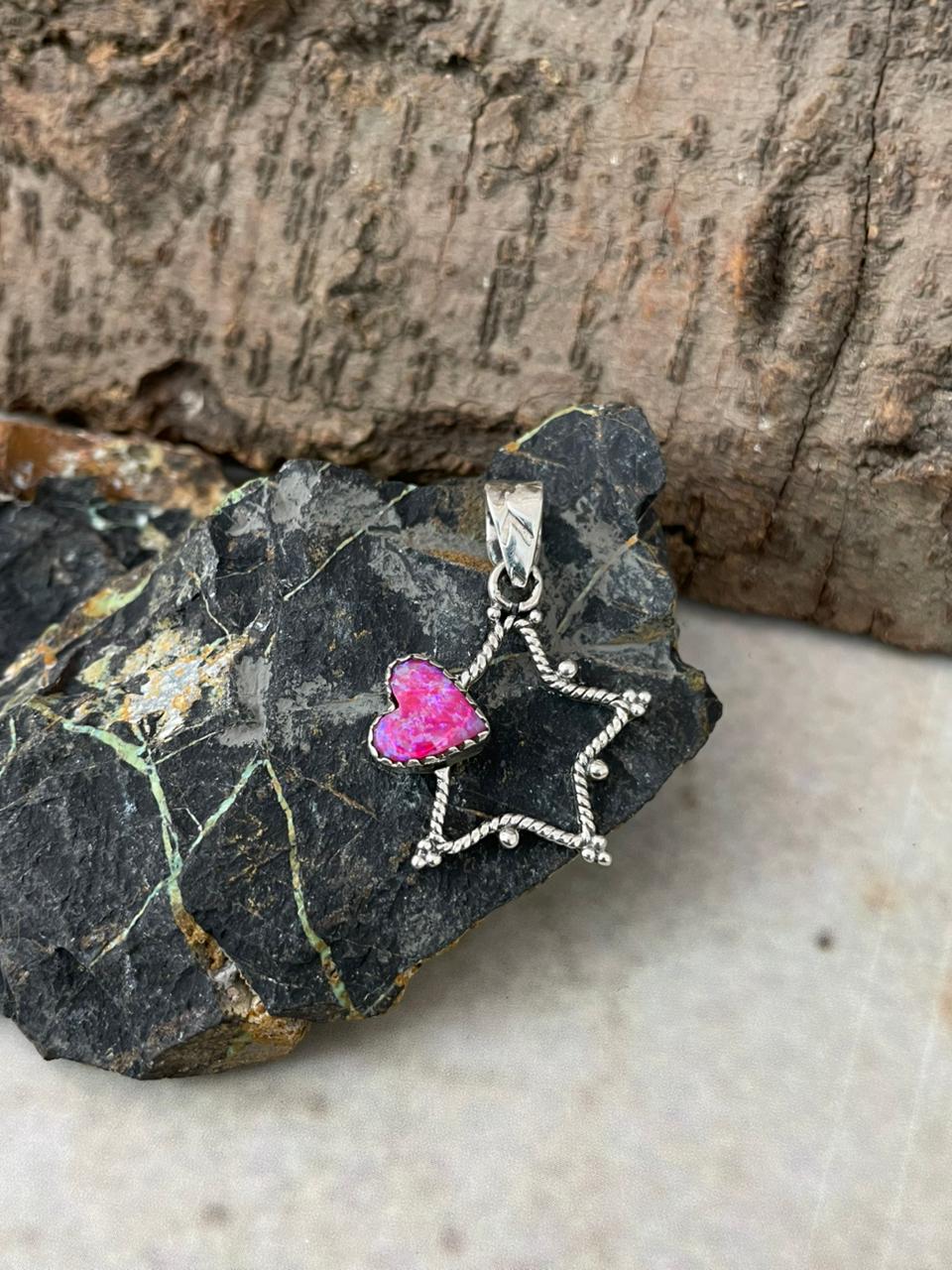 "Heart Collection" Handmade Sterling Silver Hot Pink Pendant "Signed Nizhoni"