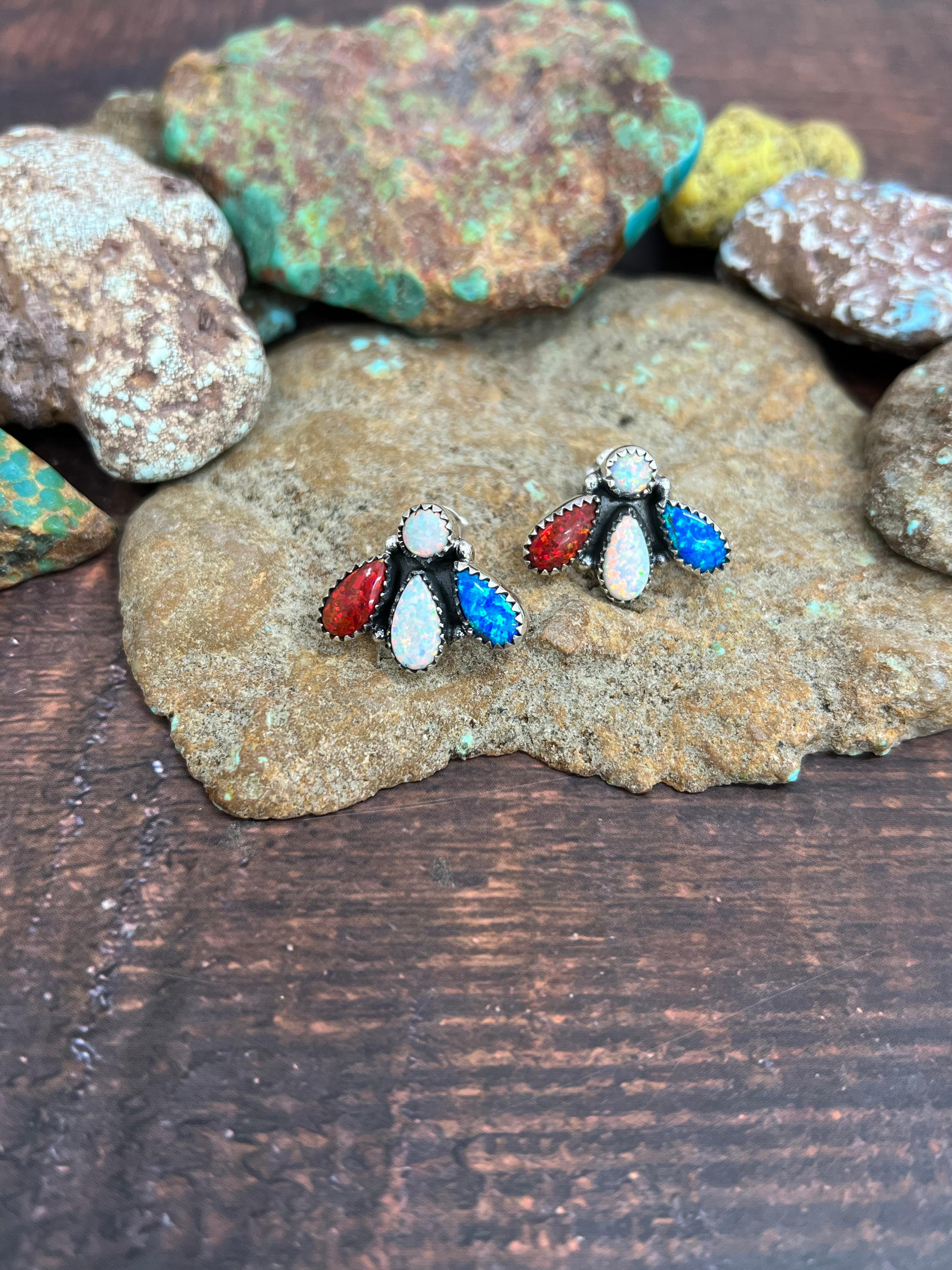 ** 4TH OF JULY ** Handmade Sterling Silver Synthetic Opal Post Earrings with Signed Nizhoni