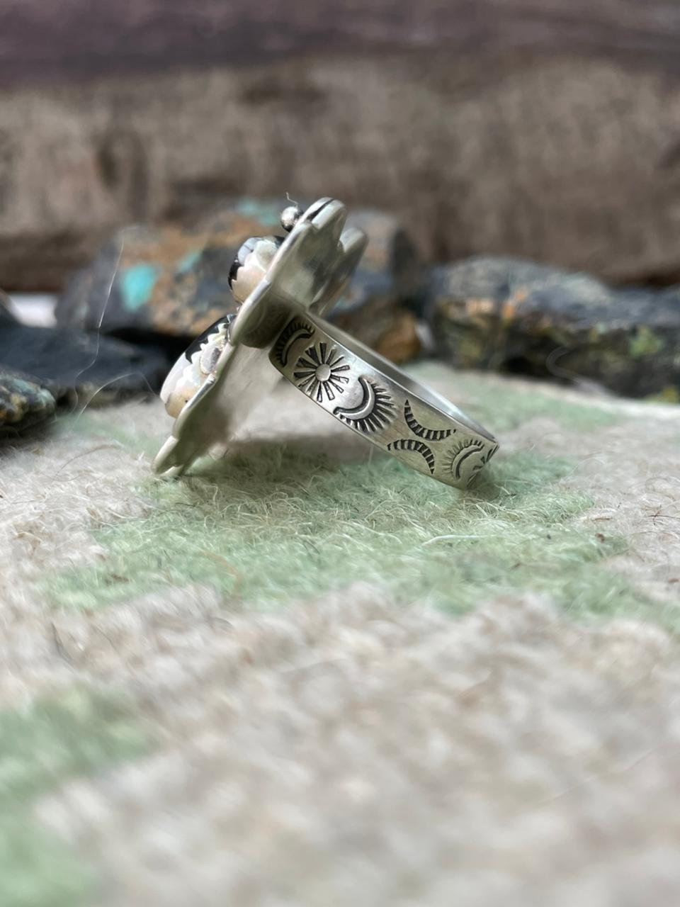 Handmade Sterling Silver White Buffalo Butterfly Adjustable Ring "Signed Nizhoni"