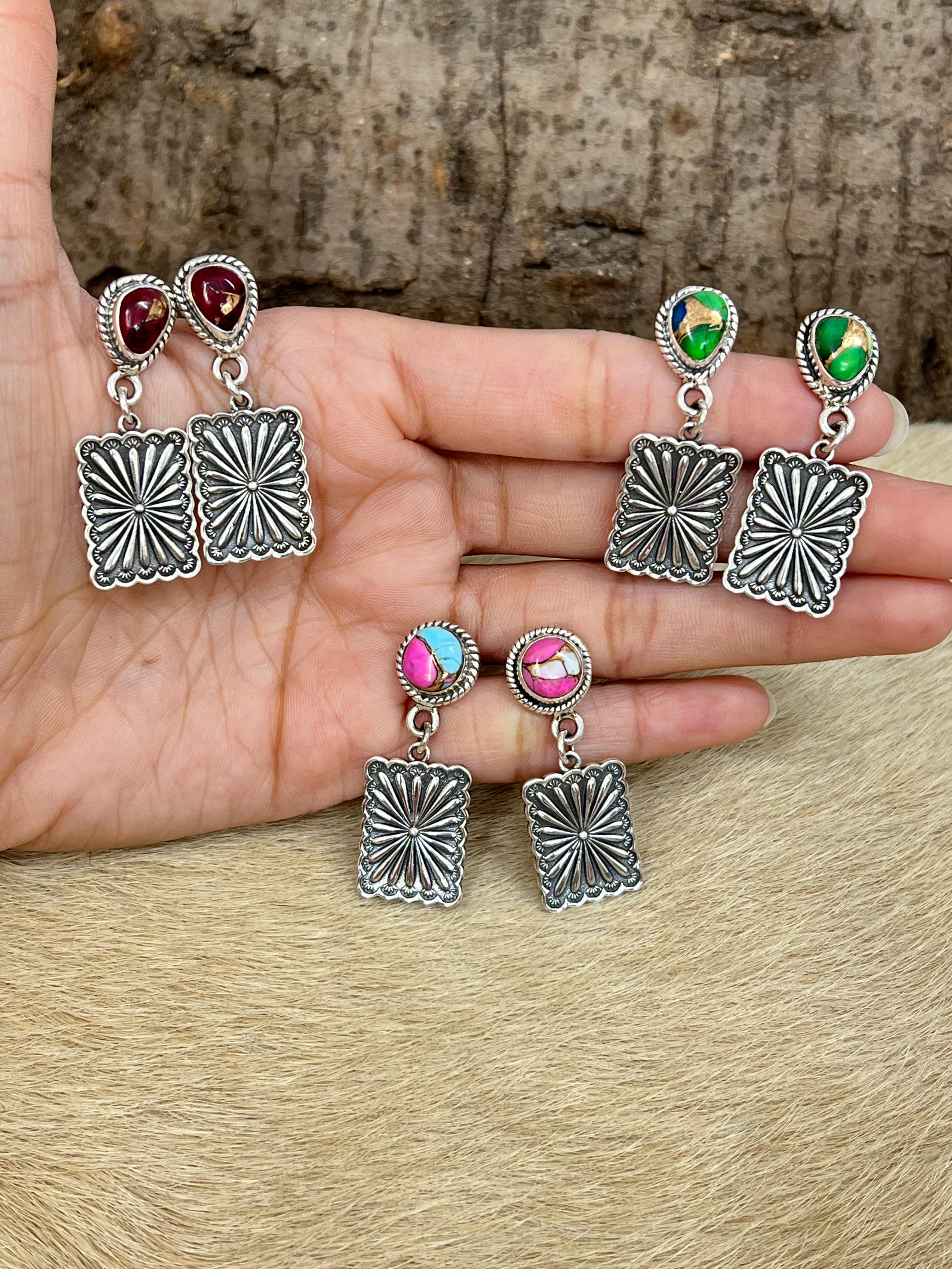 Handmade Sterling Silver Peacock Dahlia, Cotton Candy, Dahlia Rose Dangle Earrings, Signed Nizhoni (3)