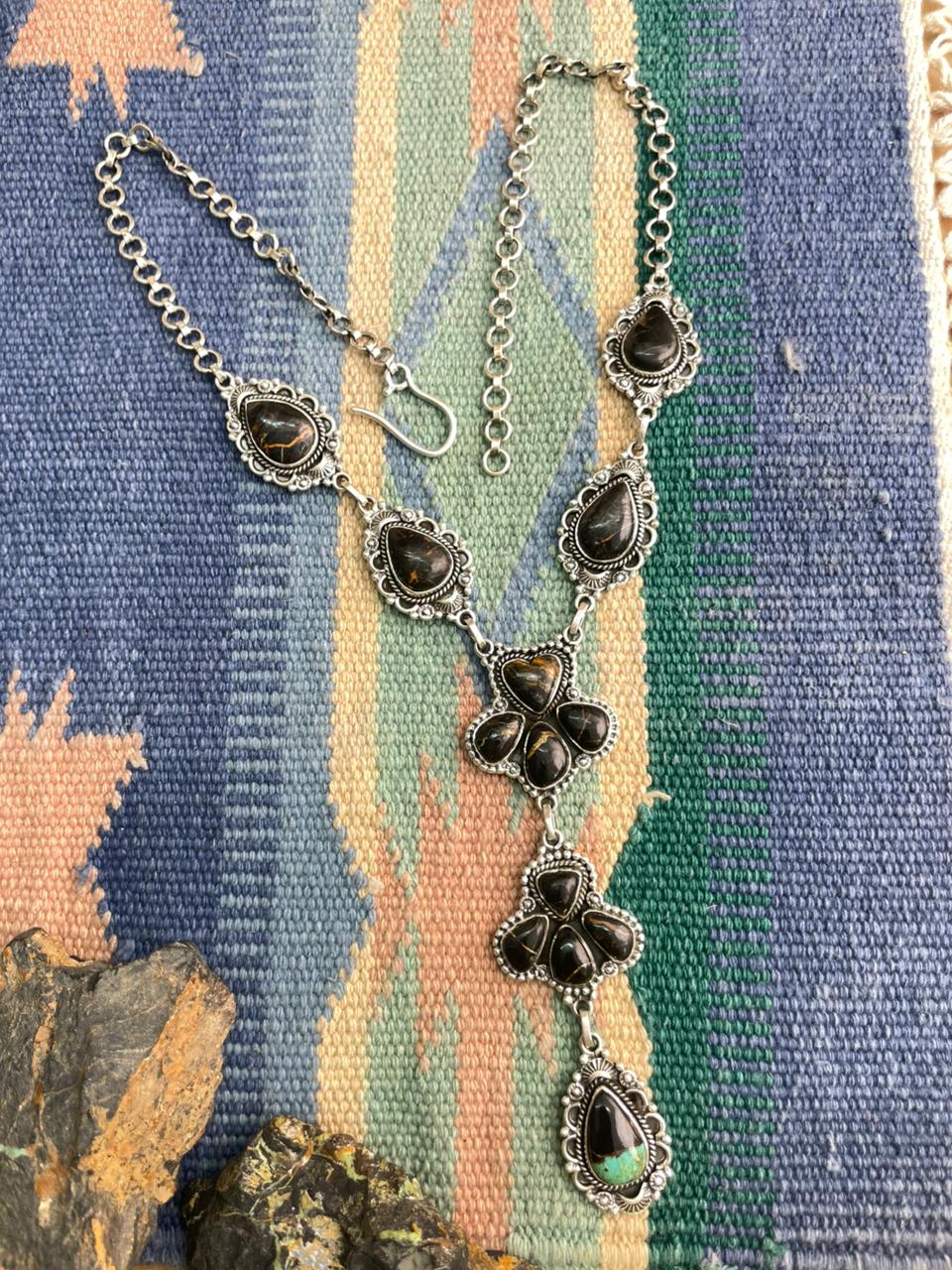 Handmade Sterling Silver Blackjack Turquoise Necklace "Signed Nizhoni"