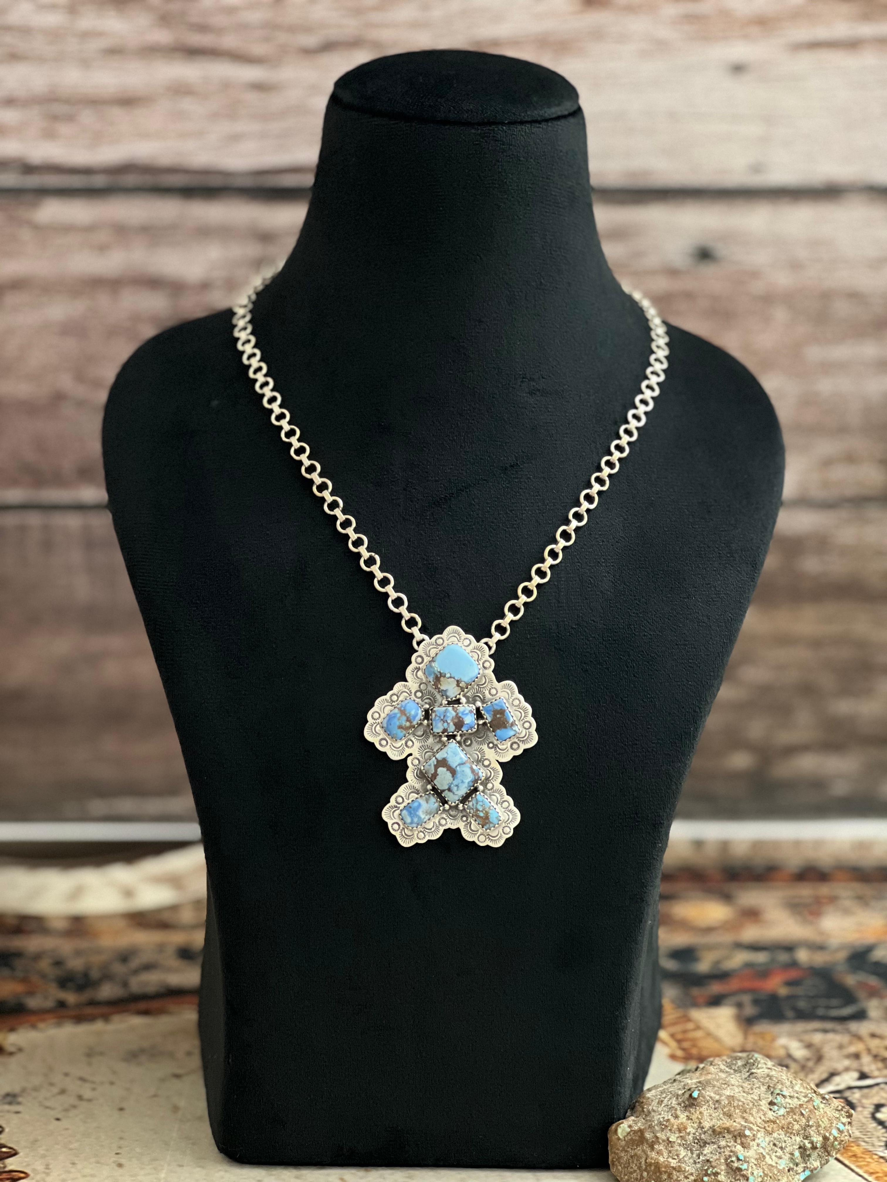 Handmade Sterling Silver Golden Hills Turquoise Necklace with Signed Nizhoni