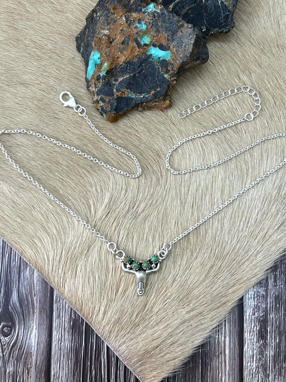 Handmade Sterling Silver Kingman Turquoise Bull Necklace "Signed Nizhoni"