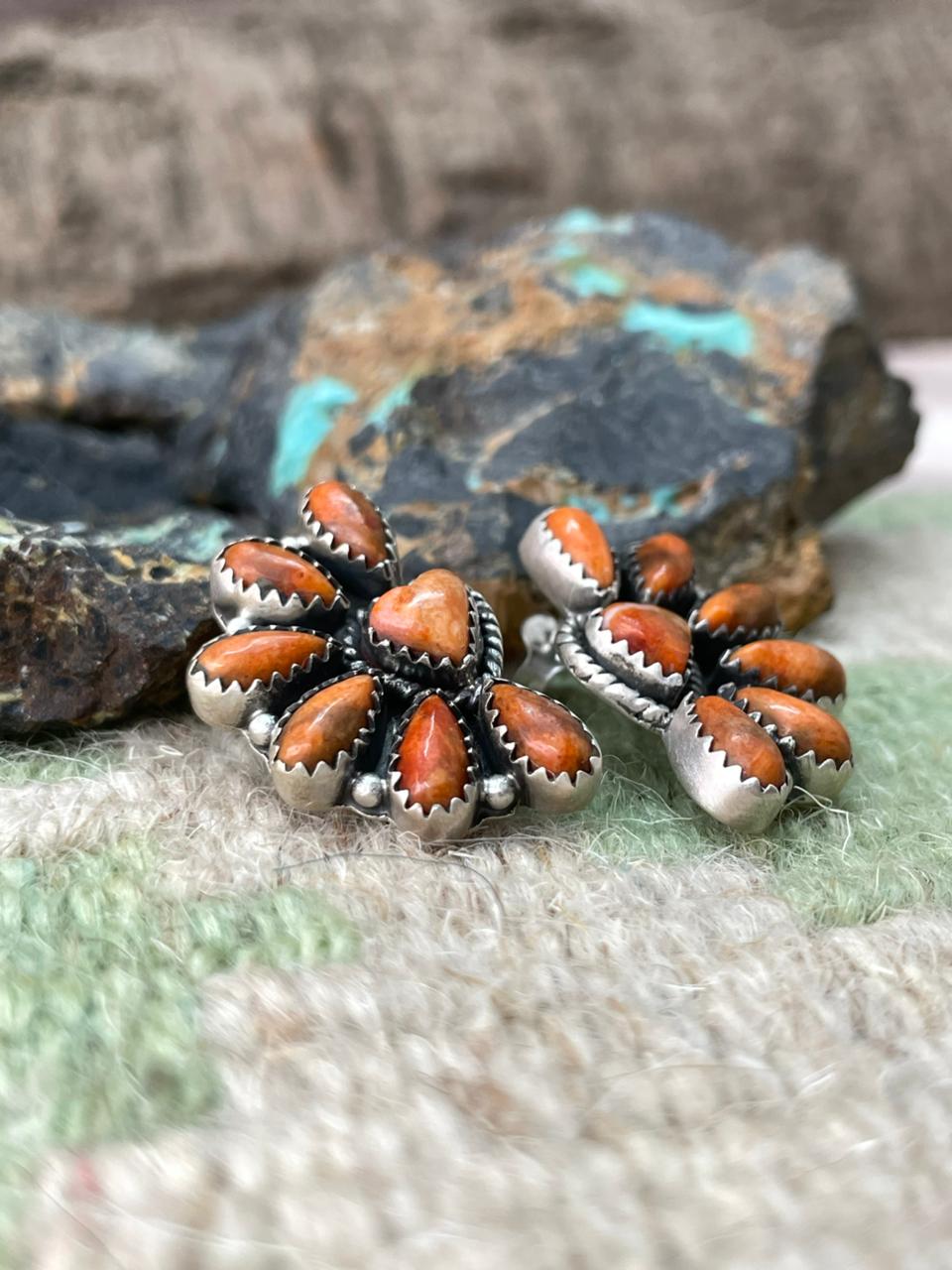 Handmade Sterling Silver Orange Mohave Post Studs Earrings "Signed Nizhoni"