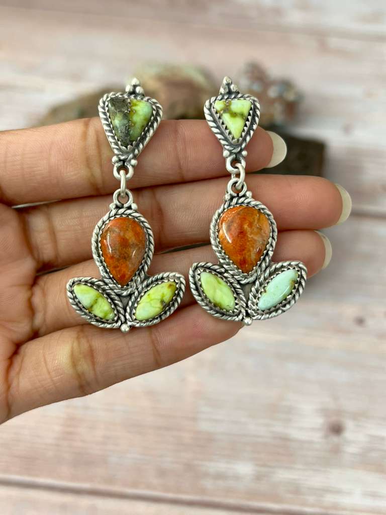 Handmade Sterling Silver Apple Coral and Palomino Post Dangle Earrings "Signed Nizhoni"